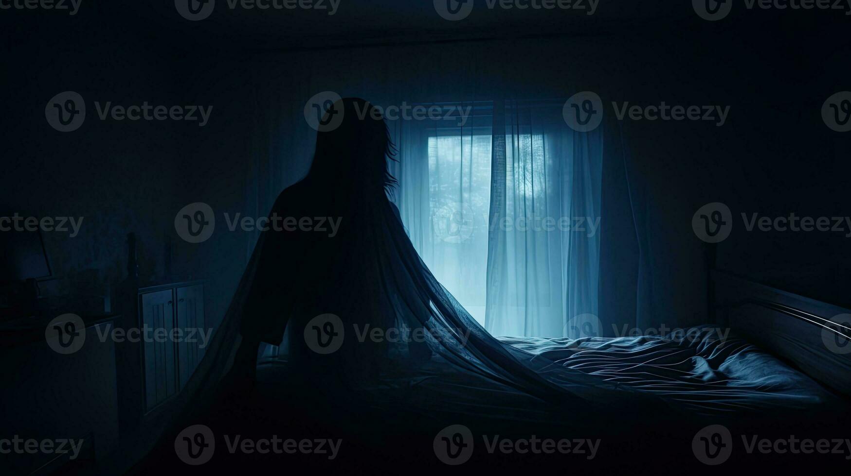 Blurred ghost silhouette in bedroom window at night horror scene on Halloween photo