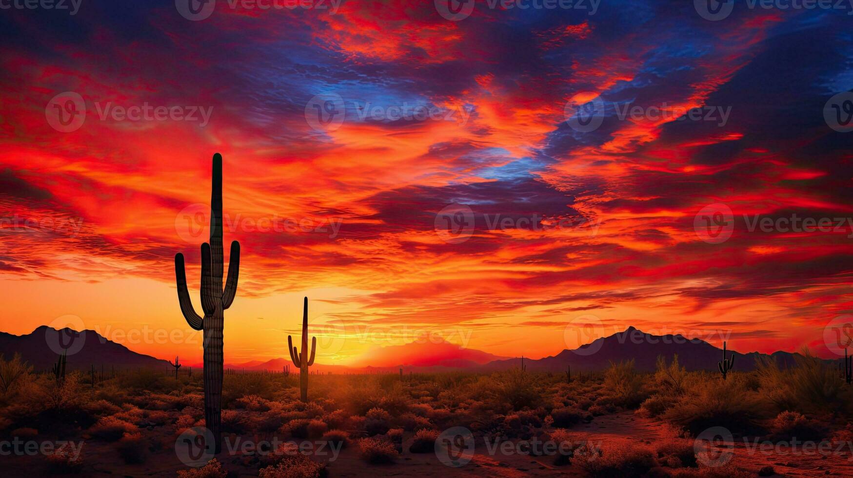 Silhouetted cacti amidst fiery desert sky in Arizona s Saguaro National Park West photo