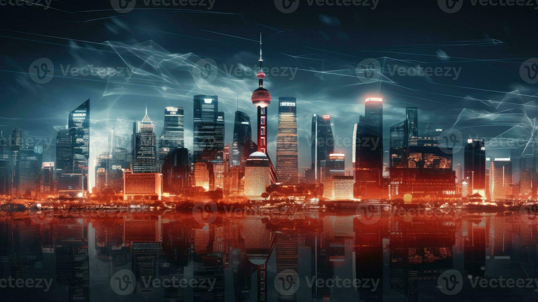 Double exposure with digital world map on China flag and blurred skyscrapers representing research and strategy concept photo