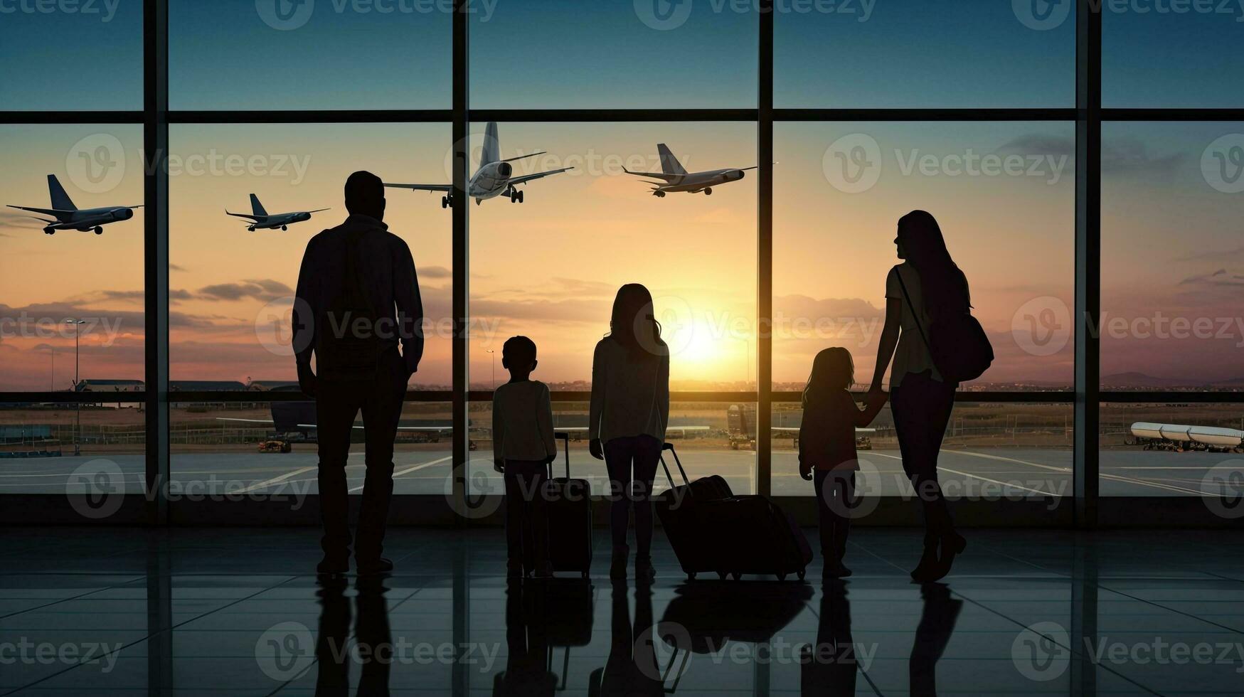 Young family walking at airport with luggage girl showing something through window photo