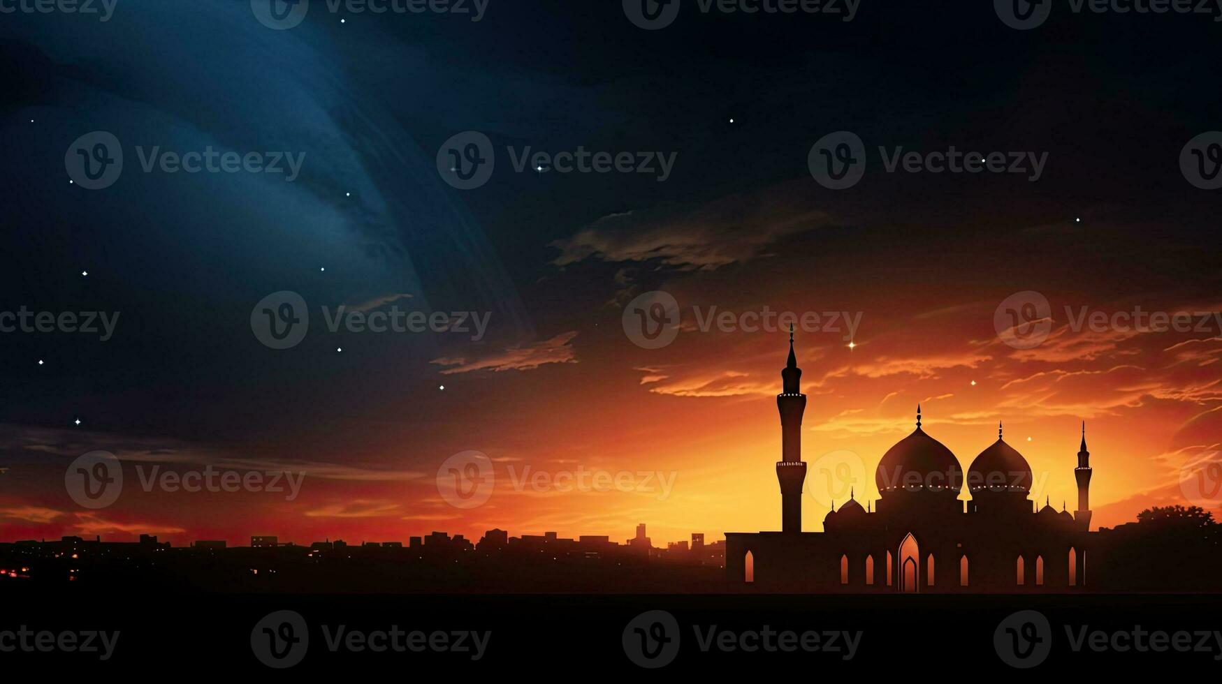 Islamic night featuring a silhouette mosque against a sunset sky with a moon creating a holy ambiance photo