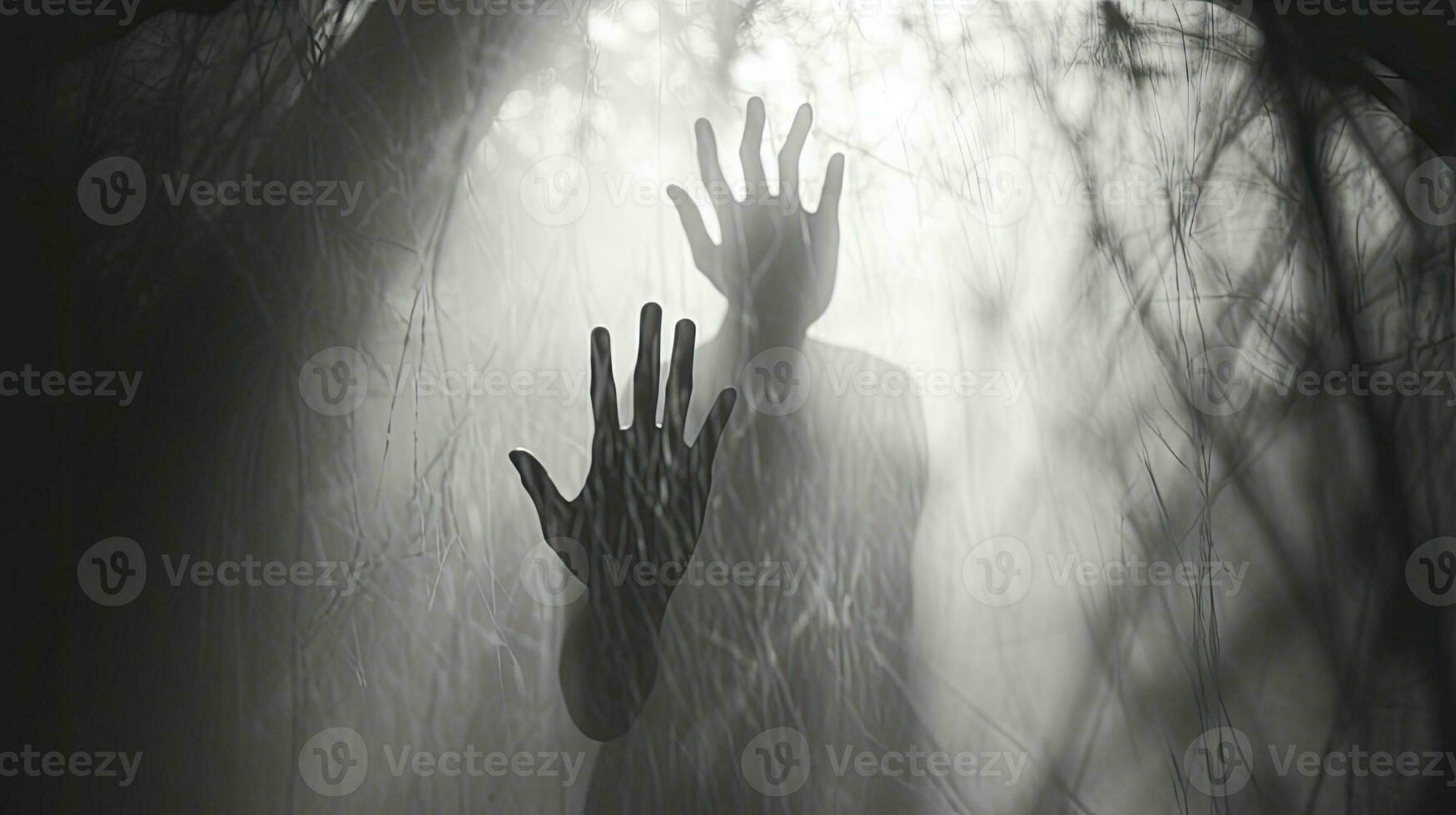 Silhouette of blurred hand on frosty glass Halloween theme photo