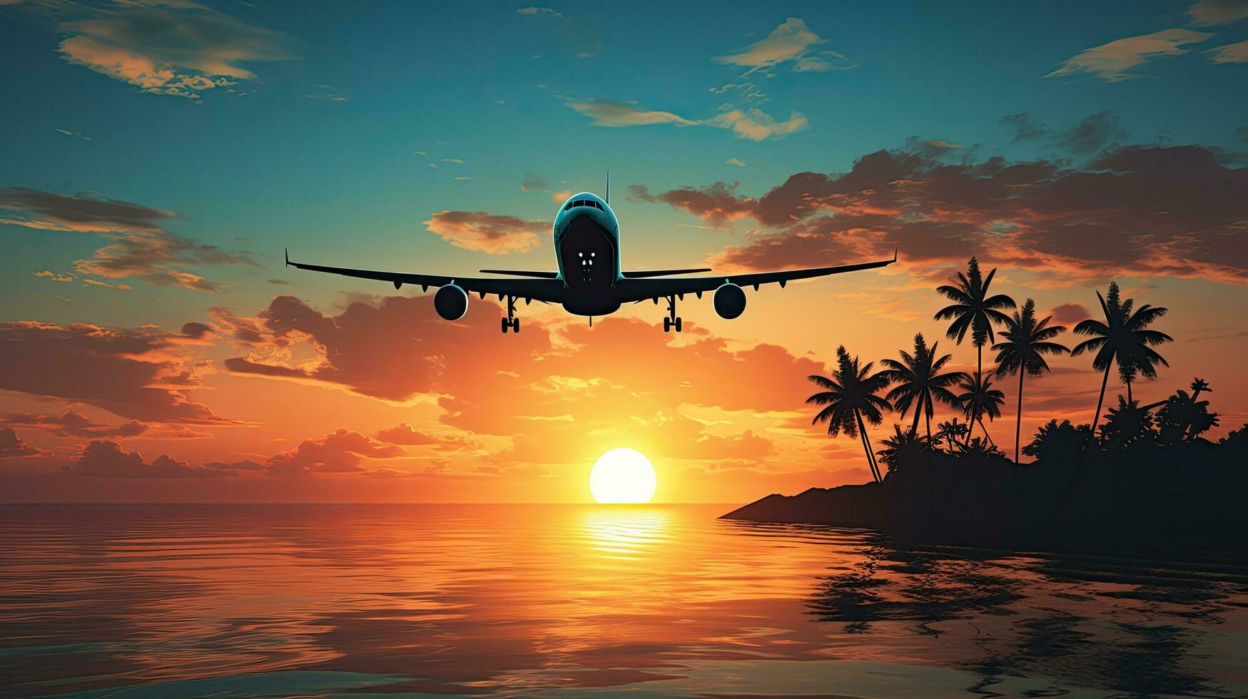 Aircraft flying above tropical ocean during sundown photo