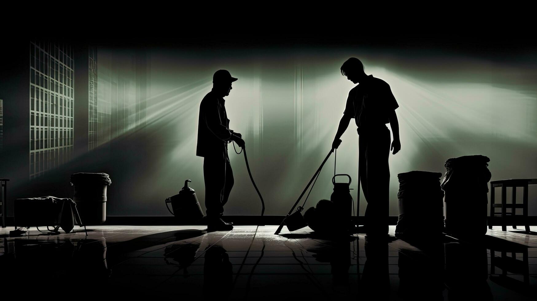 Artistic image of male janitor on duty cleaning photo
