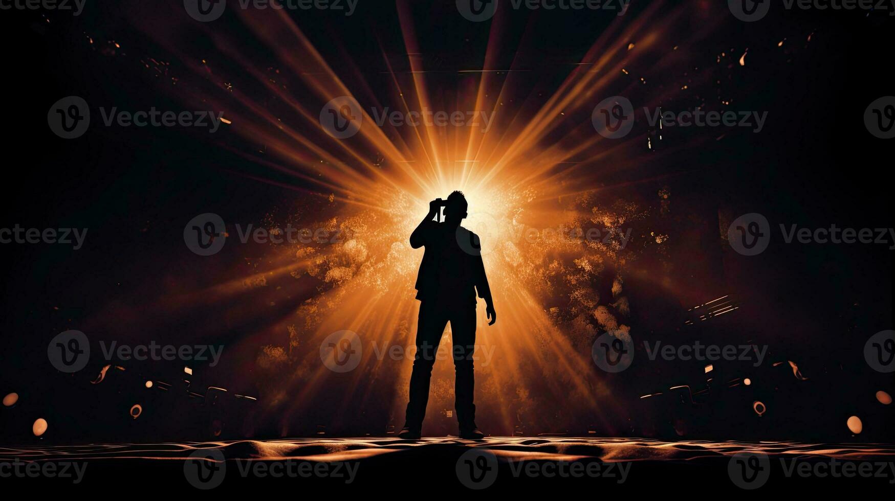 Male singer s silhouette illuminated by stage lights at a rock concert photo