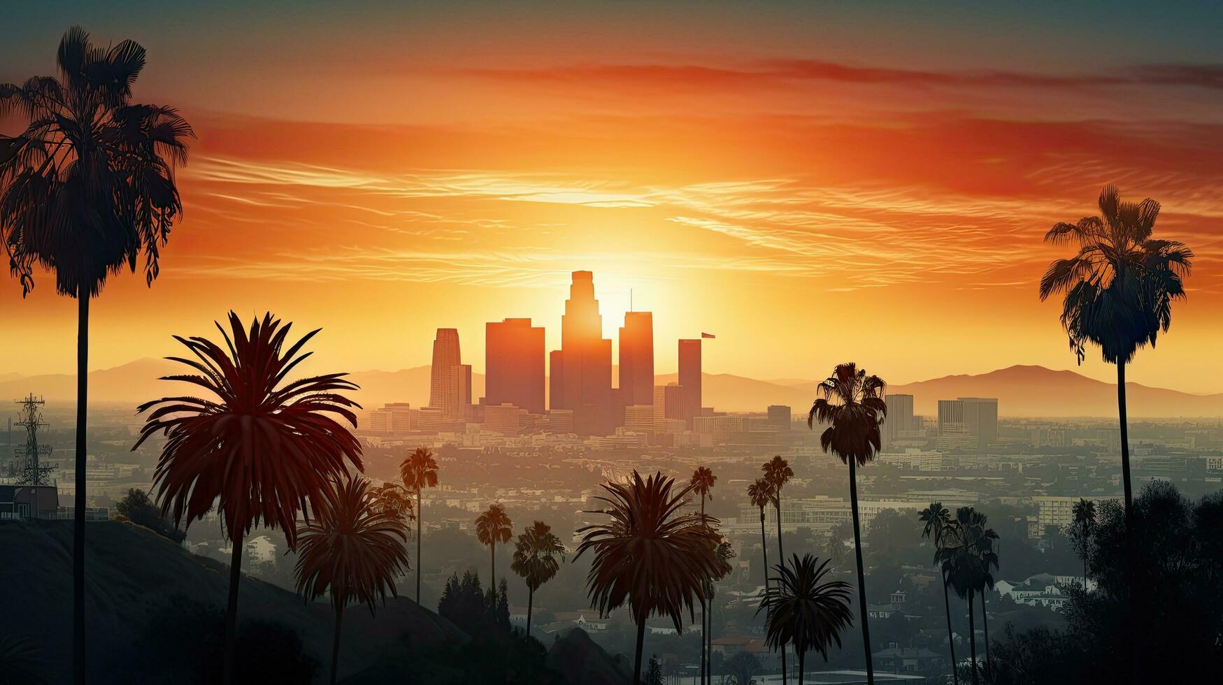 Gorgeous sunset over LA skyline with palm trees upfront photo