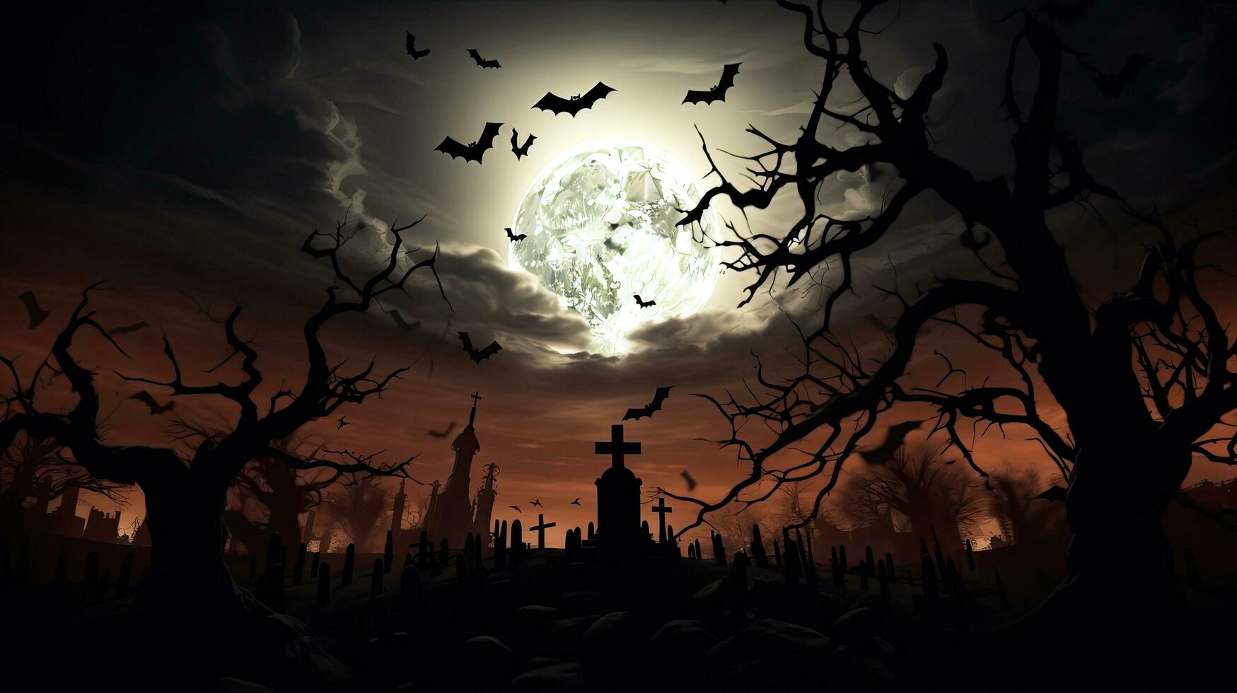 Zombie emerges from spooky graveyard on Halloween night full moon and bats photo