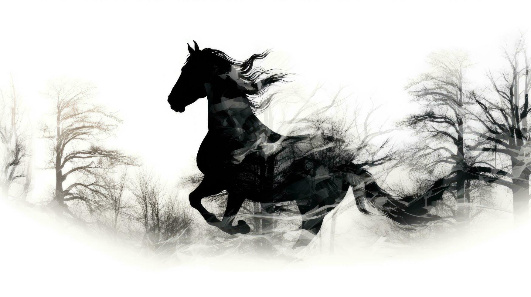 Black and white double exposure merging horse and trees to showcase their connection in nature photo