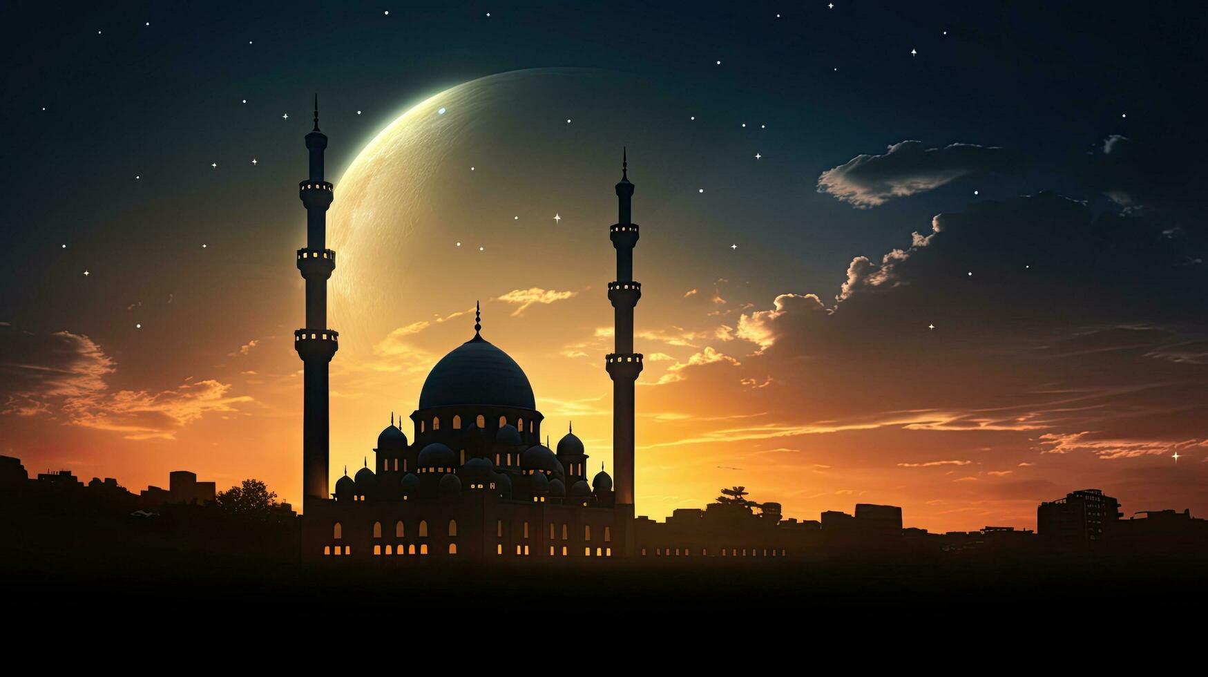Islamic mosque at sunset with a beautiful moon in the sky creating a holy and serene night photo