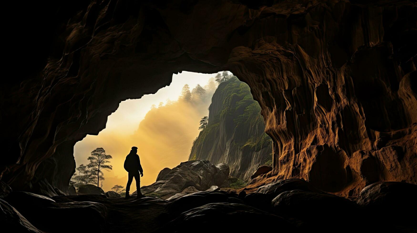 Person s outline in Idagrotte between cave walls Elbe Sandstone Mountains Saxony Switzerland Germany photo