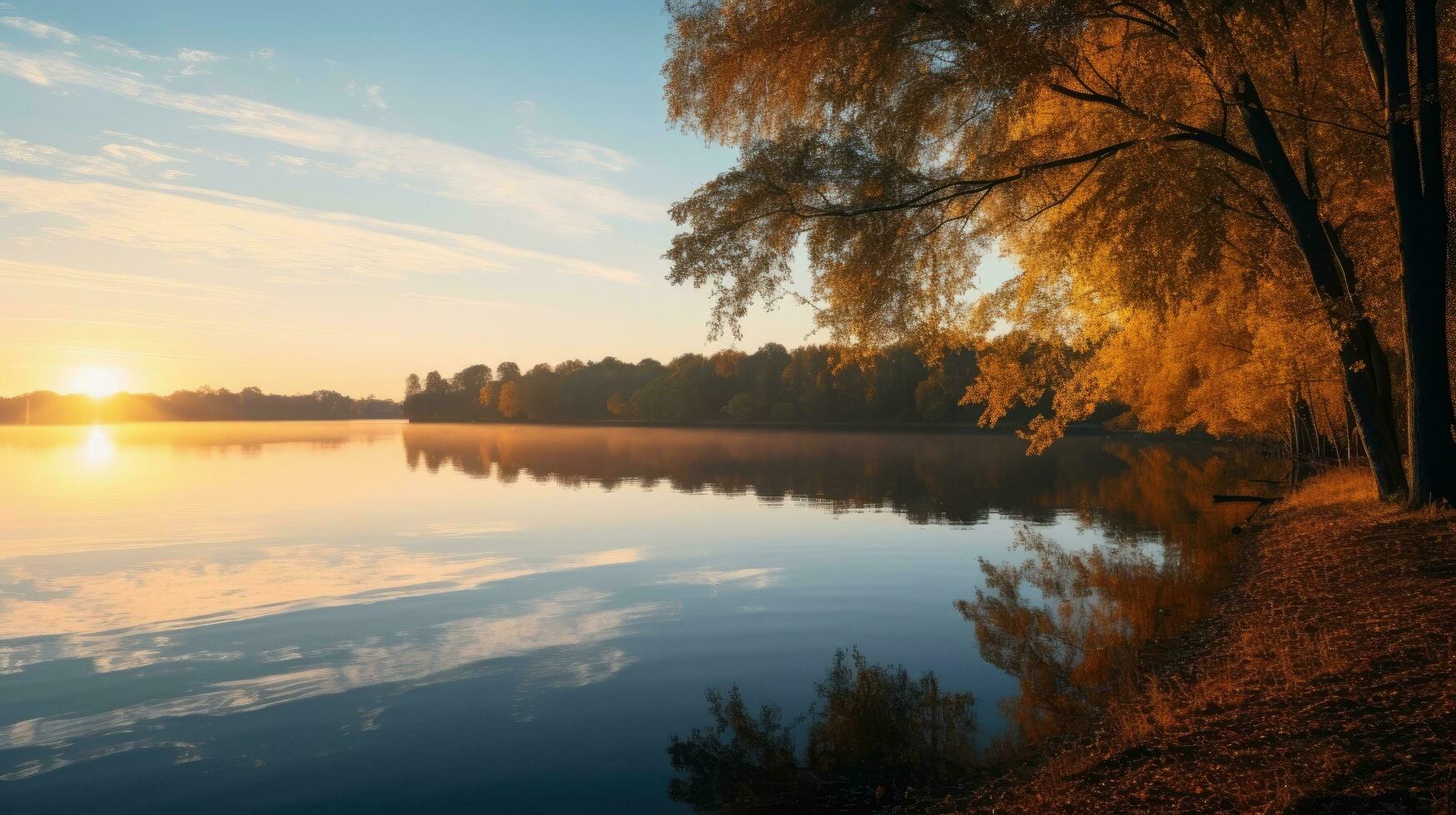 Brillo Solar terminado naranja follaje en un orilla en otoño paisaje de bielorrusia o Europa a amanecer foto