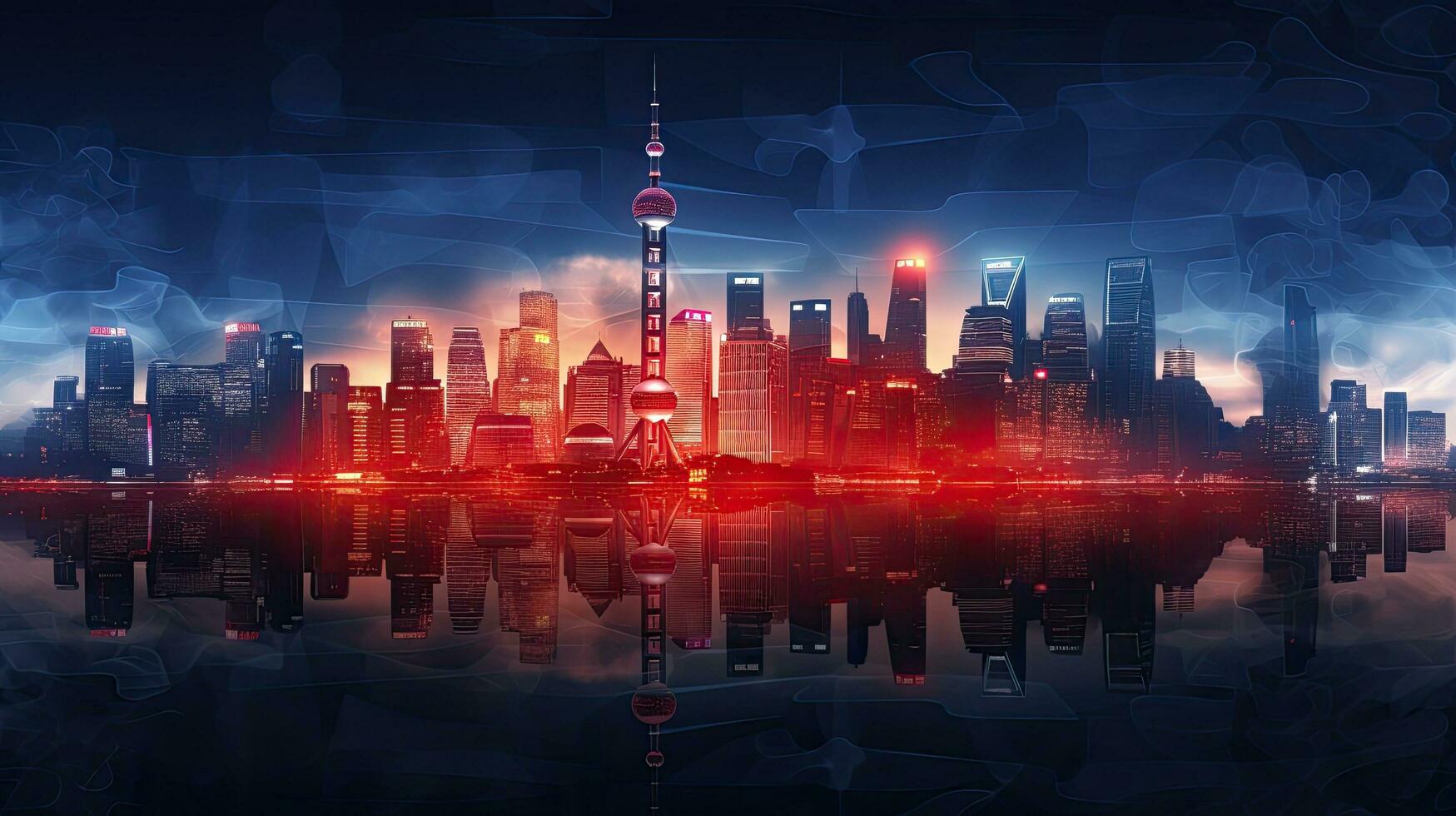 Double exposure with digital world map on China flag and blurred skyscrapers representing research and strategy concept photo