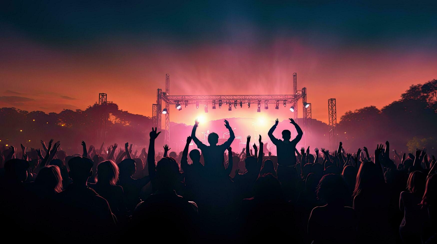 People in a crowd at a music concert holding up phones enjoying the performance of a rock band on an outdoor stage at a night club photo