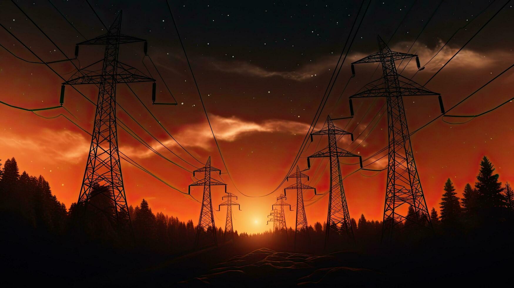 energía infraestructura concepto transmisión torres con luminoso naranja alambres en contra un estrellado noche fondo foto