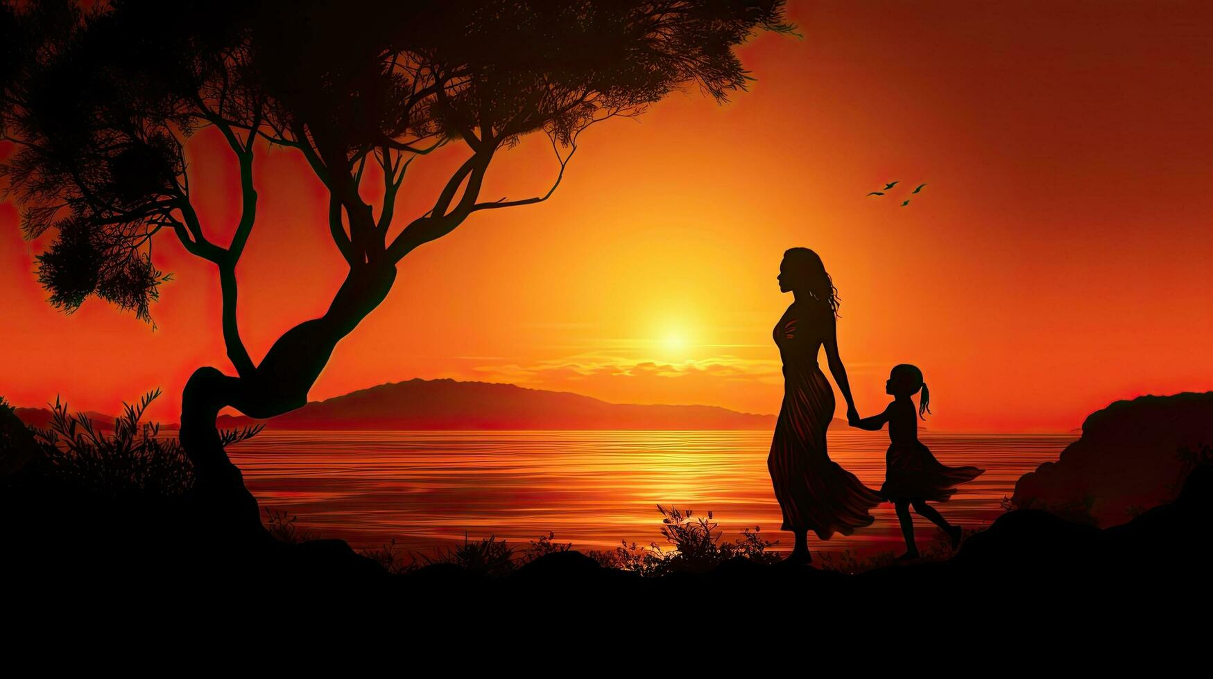 madre y niño silueta en contra un puesta de sol foto