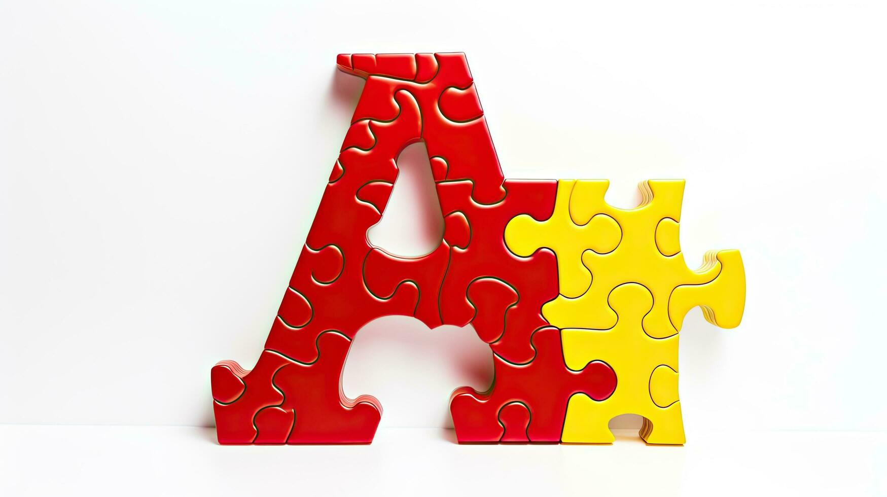 Yellow letter A silhouette on red puzzle background isolated on white photo