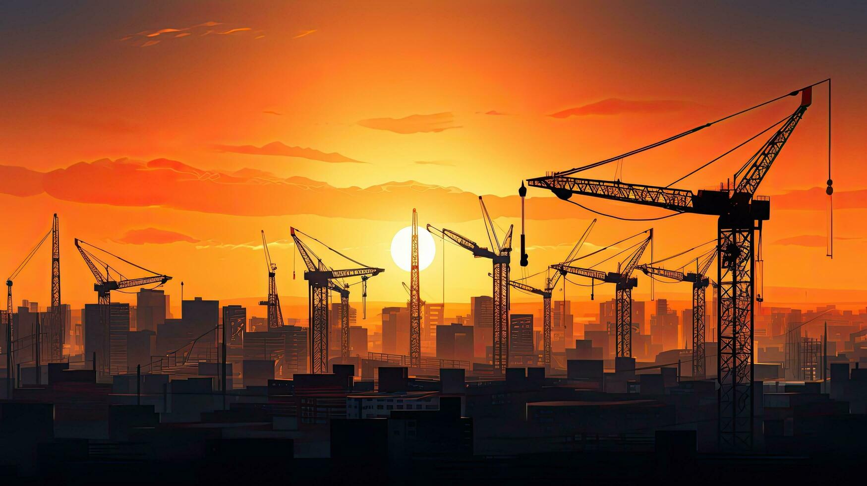 Sunrise with silhouetted cranes and buildings in industrial construction photo