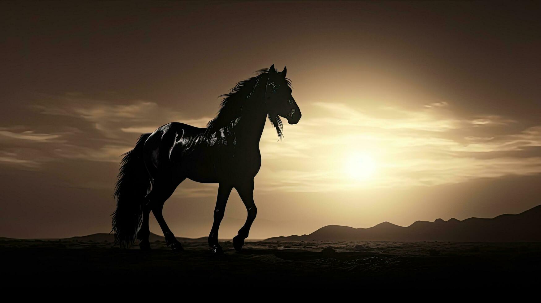 Arabian horse silhouette against sunrise in black and white photo