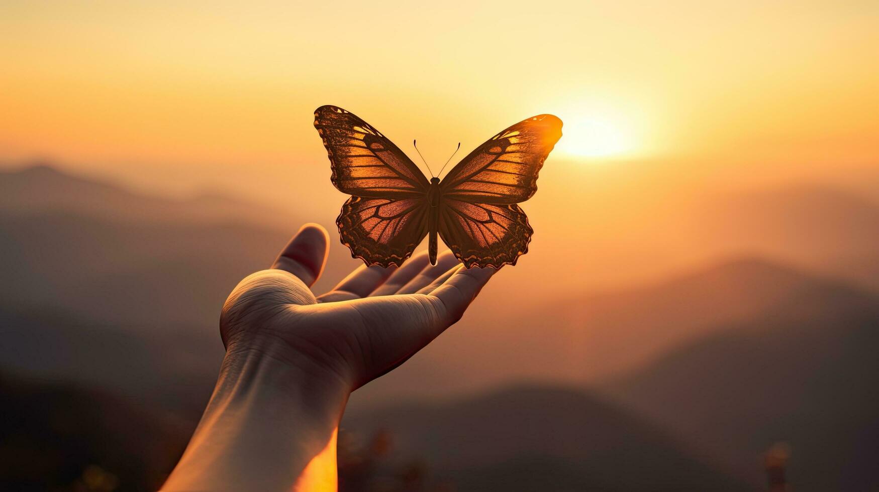 mano en un meditación posición y mariposa puesta de sol en el montañas mostrado en un cerca arriba Disparo foto