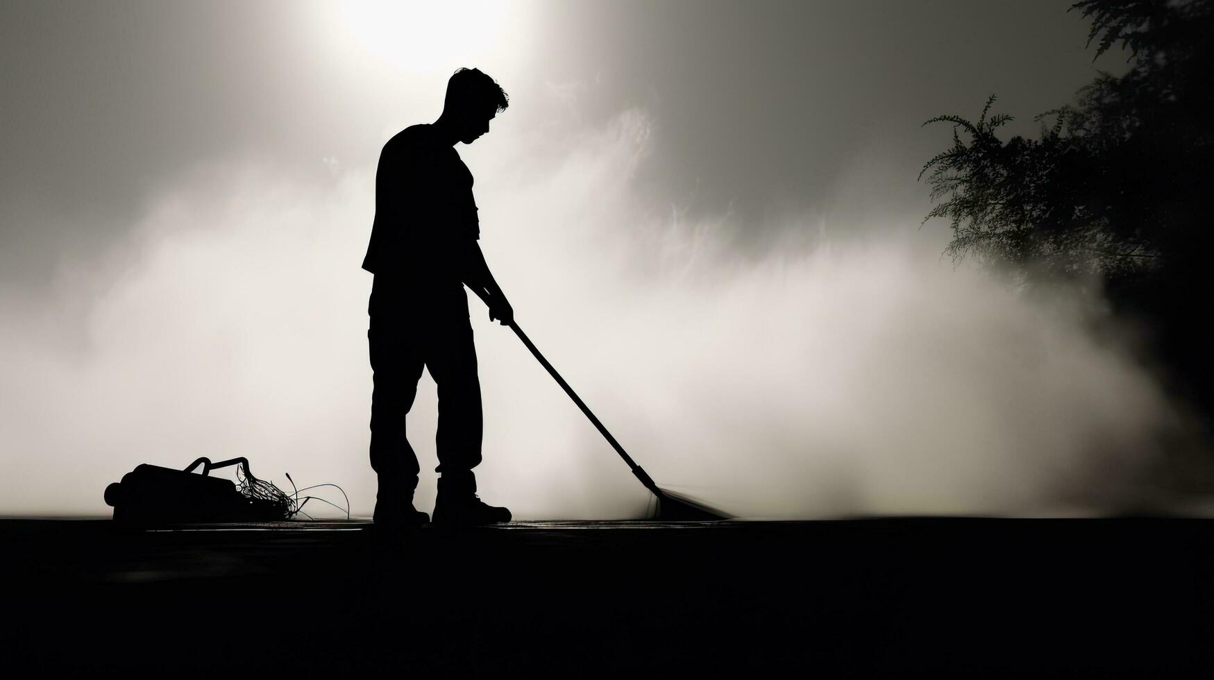 Artistic image of male janitor on duty cleaning photo