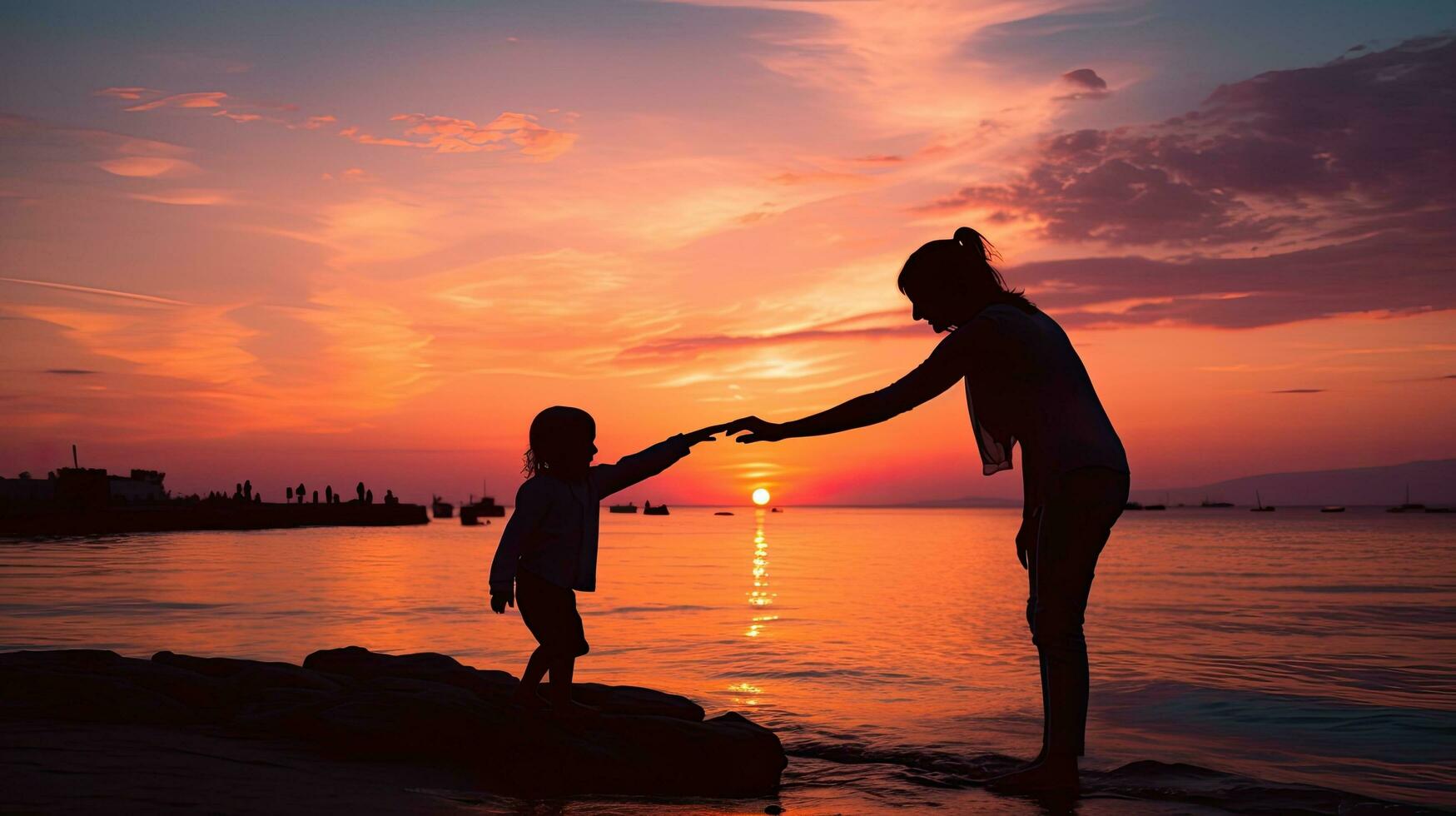 un niño y madre s manos toque a puesta de sol por el playa foto