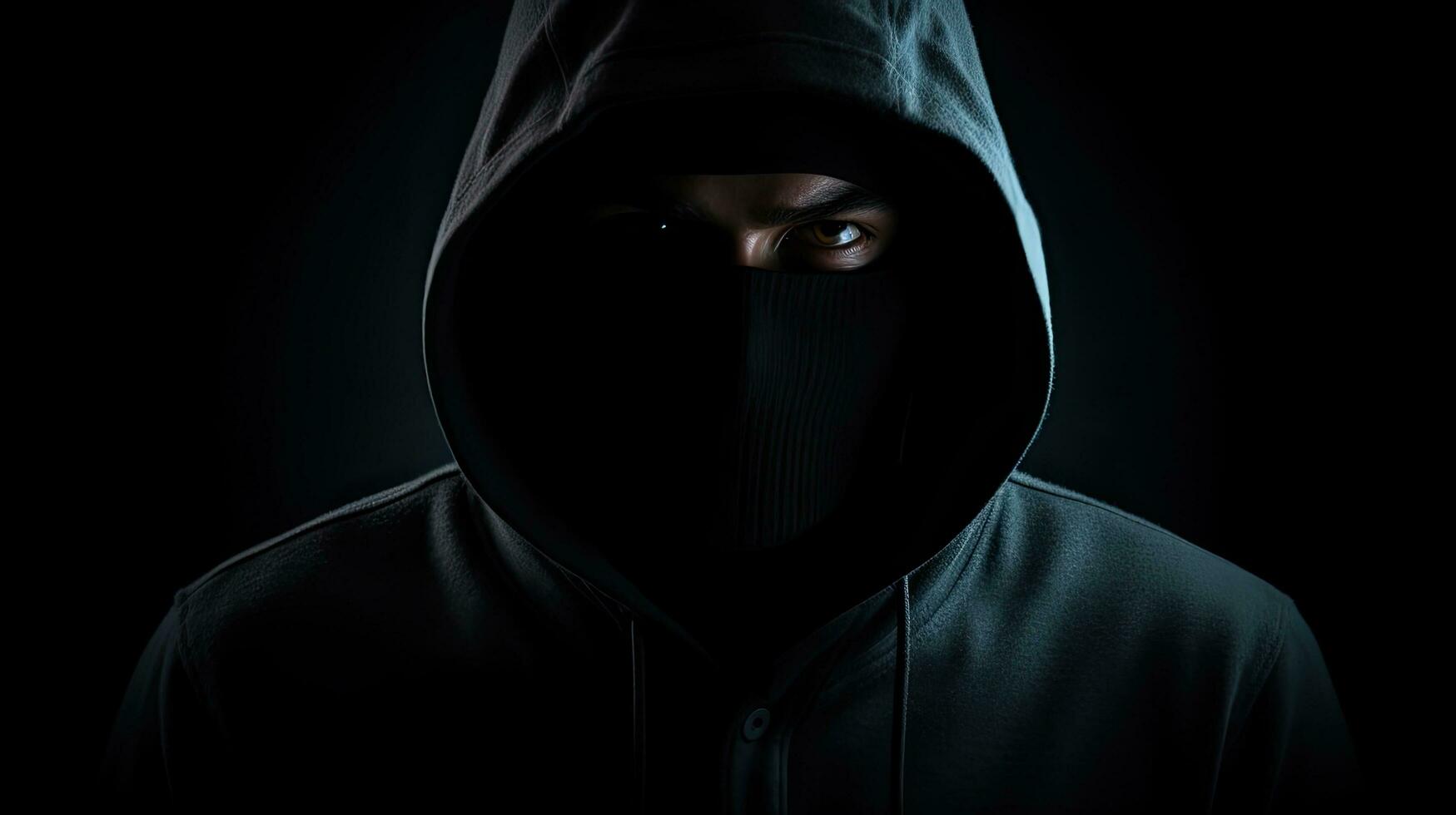 Silent figure in hood on dark backdrop concealed face symbolizing criminality mystery secrecy and anonymity photo