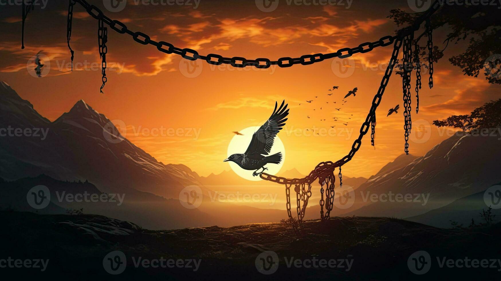 Freedom represented by bird flying and broken chains against sunset mountain backdrop photo