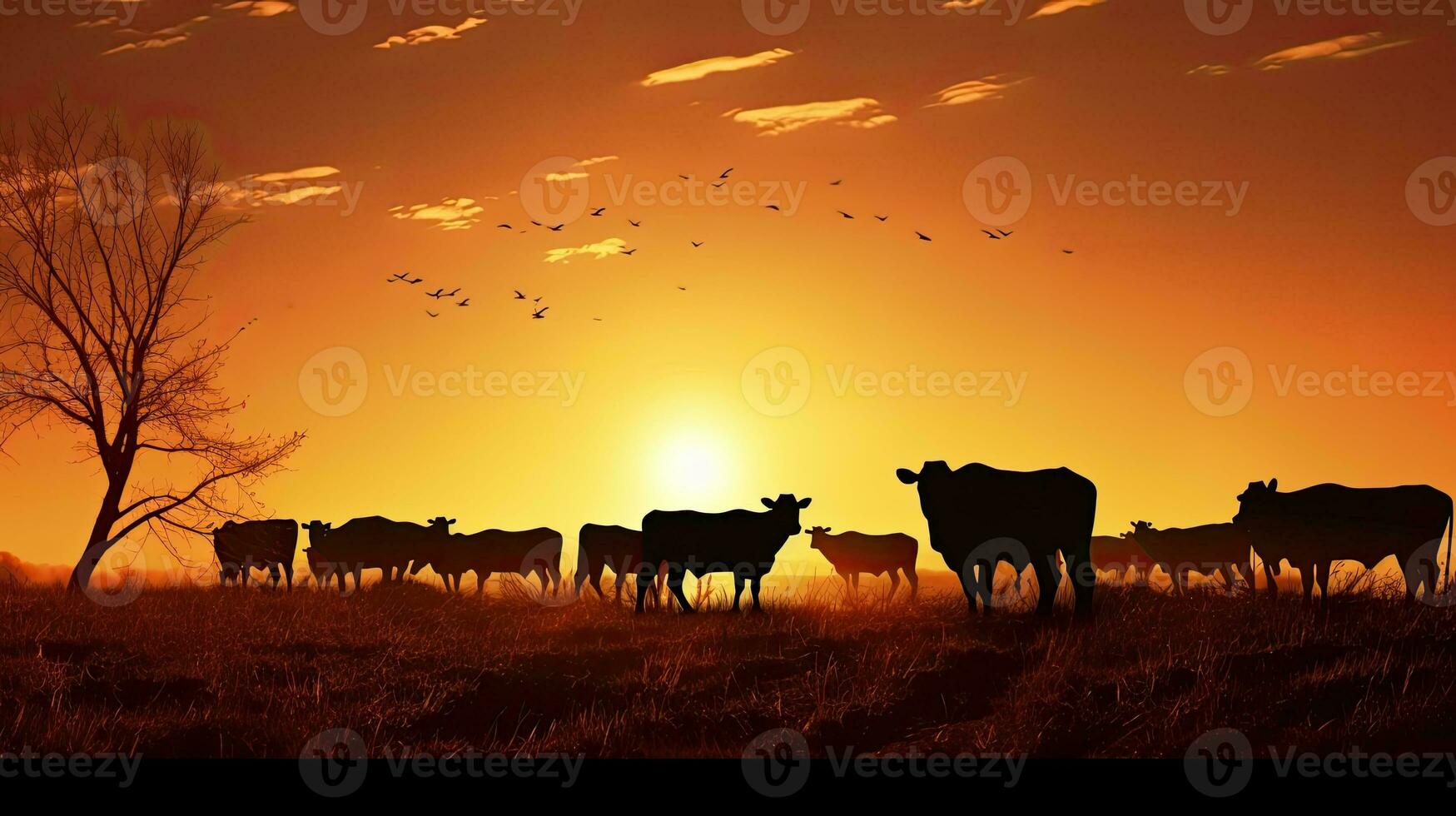 Cattle shapes at sunset on the farm field photo