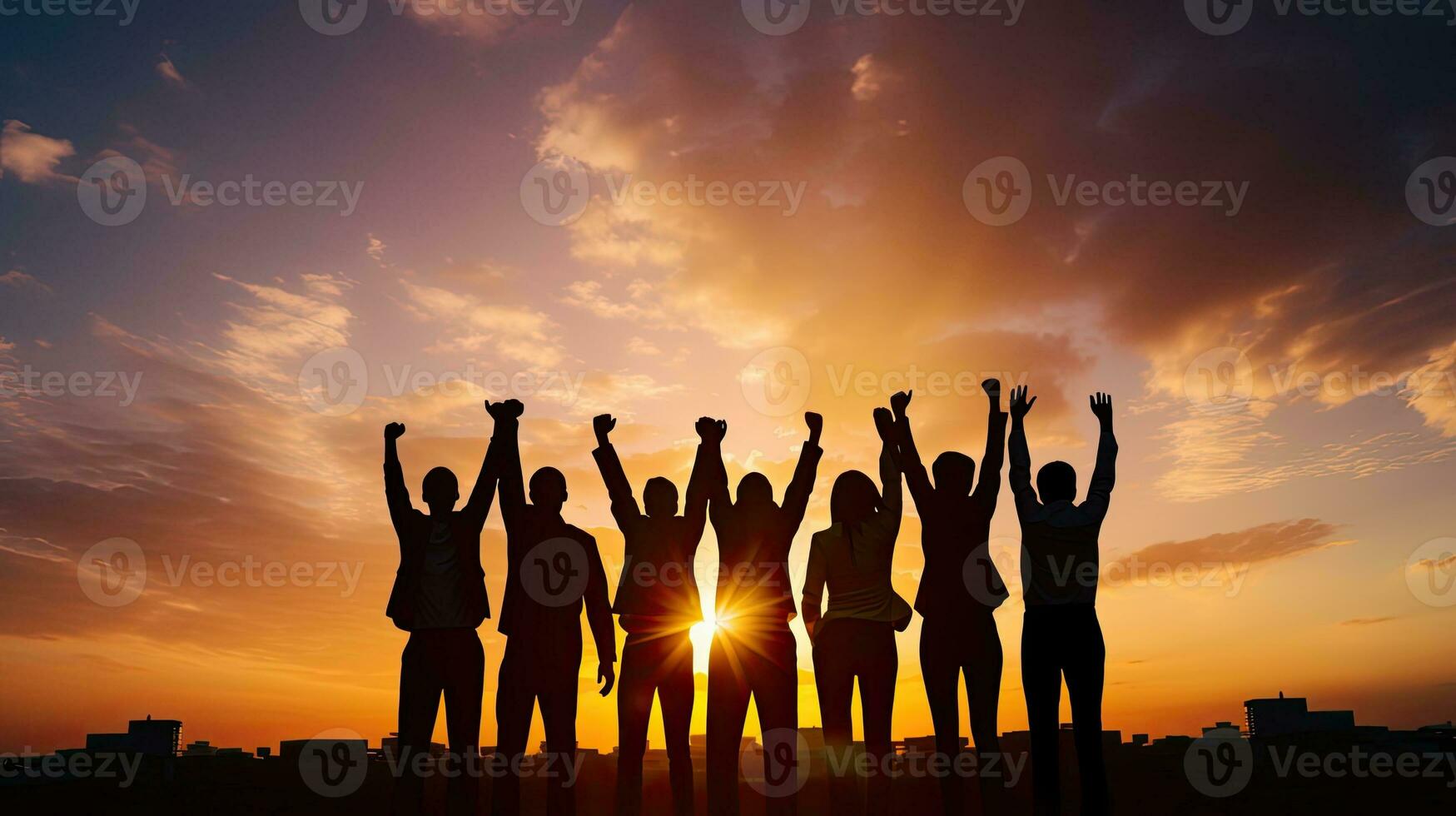 Group of business team members raising hands in the sunset sky background to depict teamwork photo