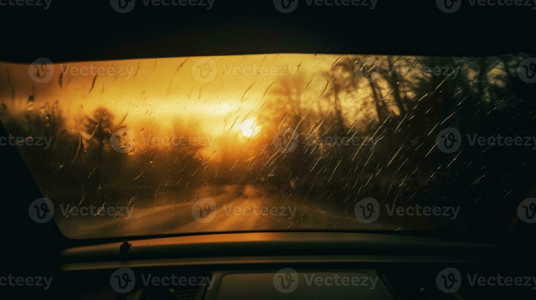 Through the car s wet windshield the trees appear as blurred silhouettes in the dim weather photo