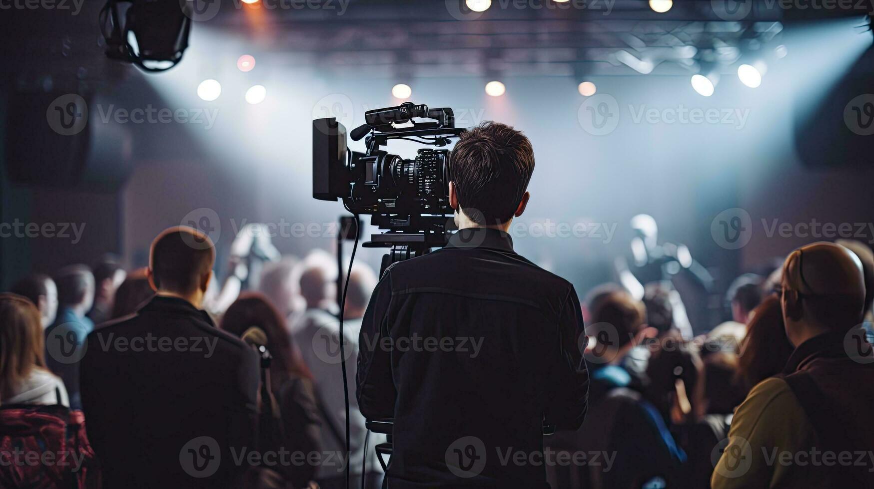 Cameraman covering live event silhouette in news studio focusing selectively photo