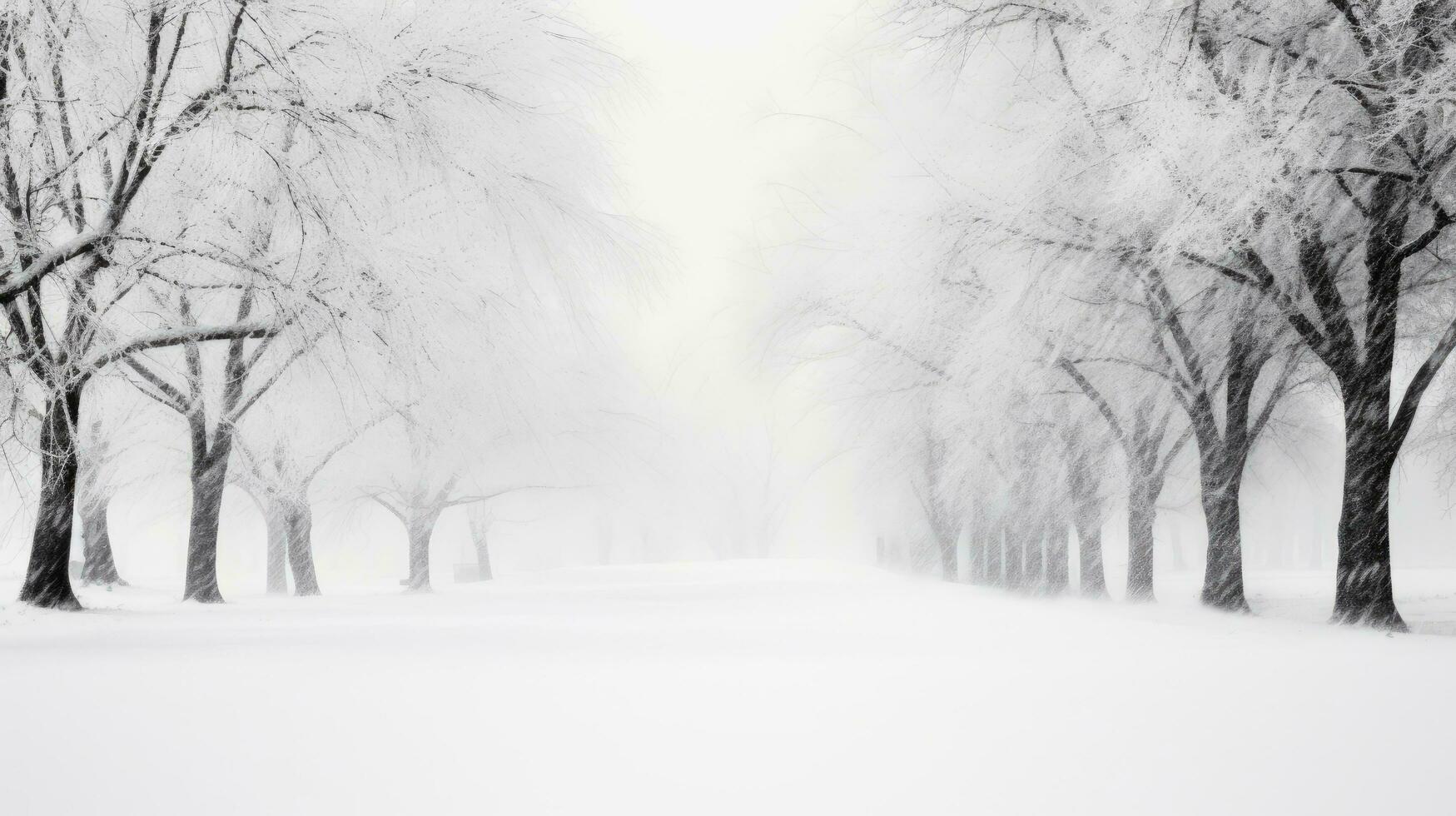 High quality photo of a snowy road view through an old forest with black tree silhouettes and a white snow background in winter