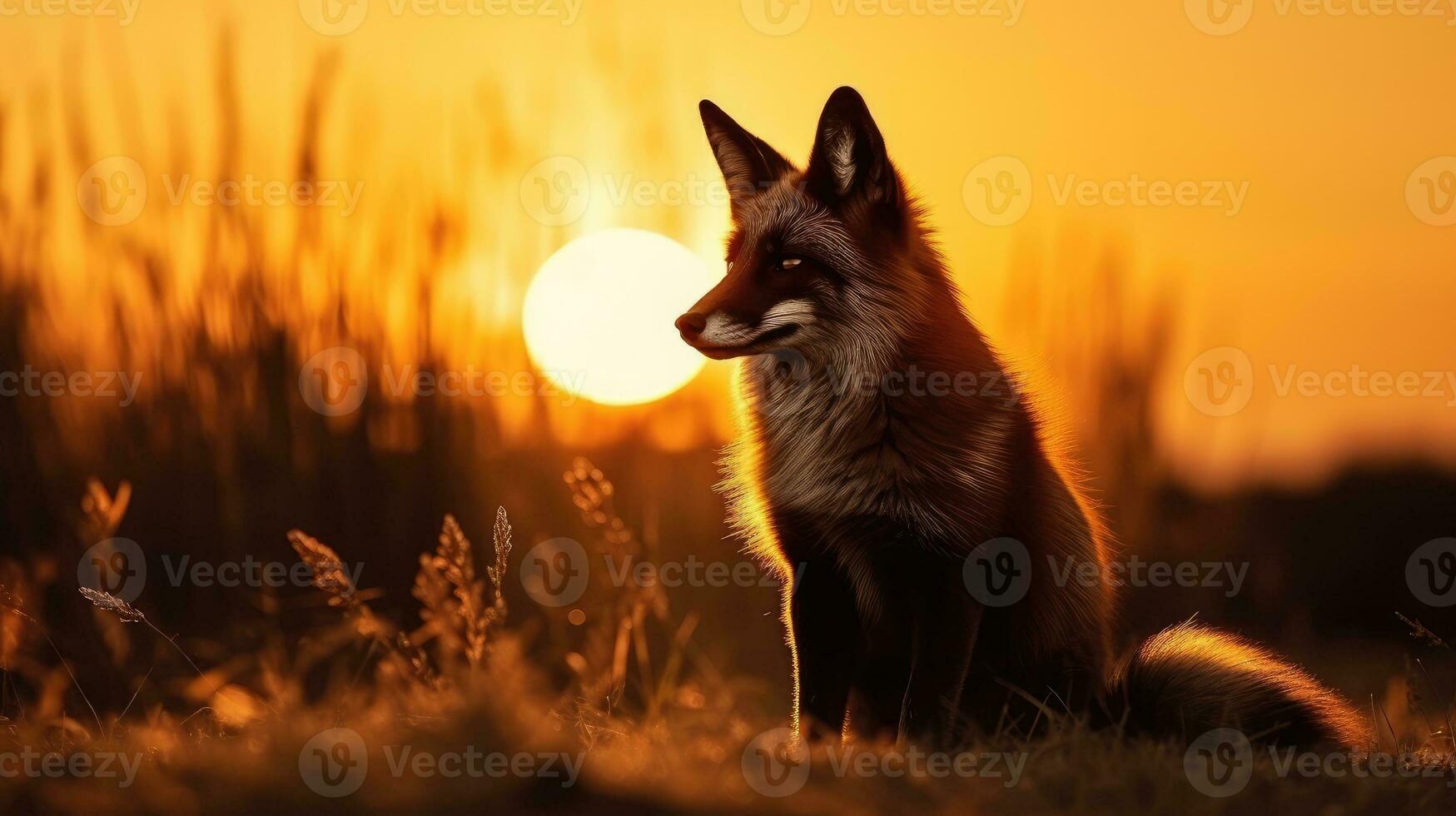 Beautiful and cunning fox silhouette against sunset in nature Wildlife concept photo