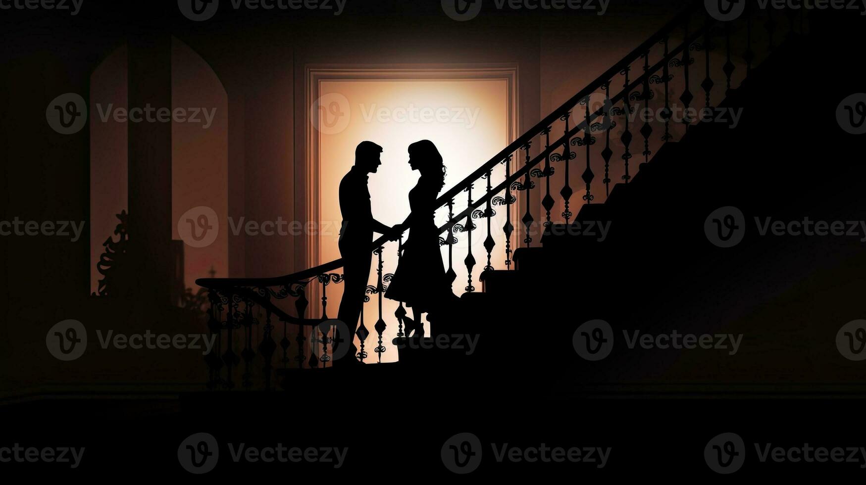 Two people descending the stairs in shadow photo