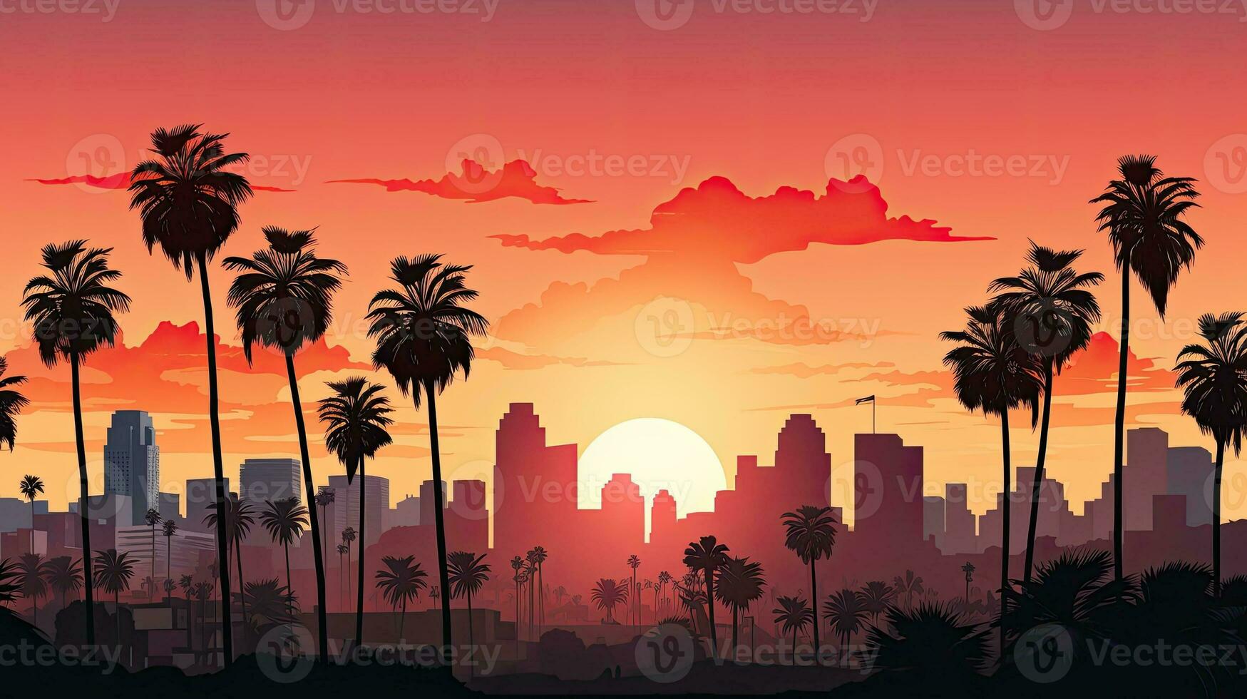 Gorgeous sunset over LA skyline with palm trees upfront photo