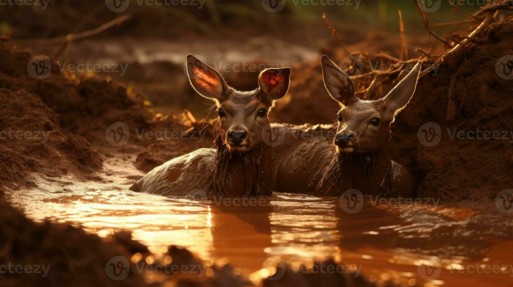 2 adult deer enjoying the sun and mud in the daytime at Ranca Upas field in Bandung Indonesia photo