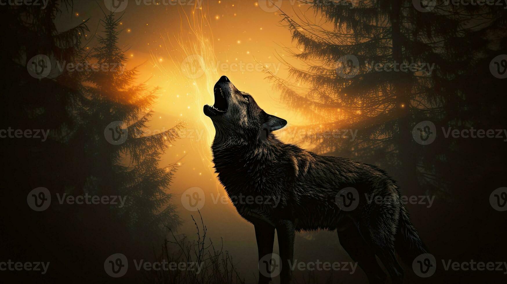 Halloween concept Wolf silhouette howling at full moon in foggy backdrop photo