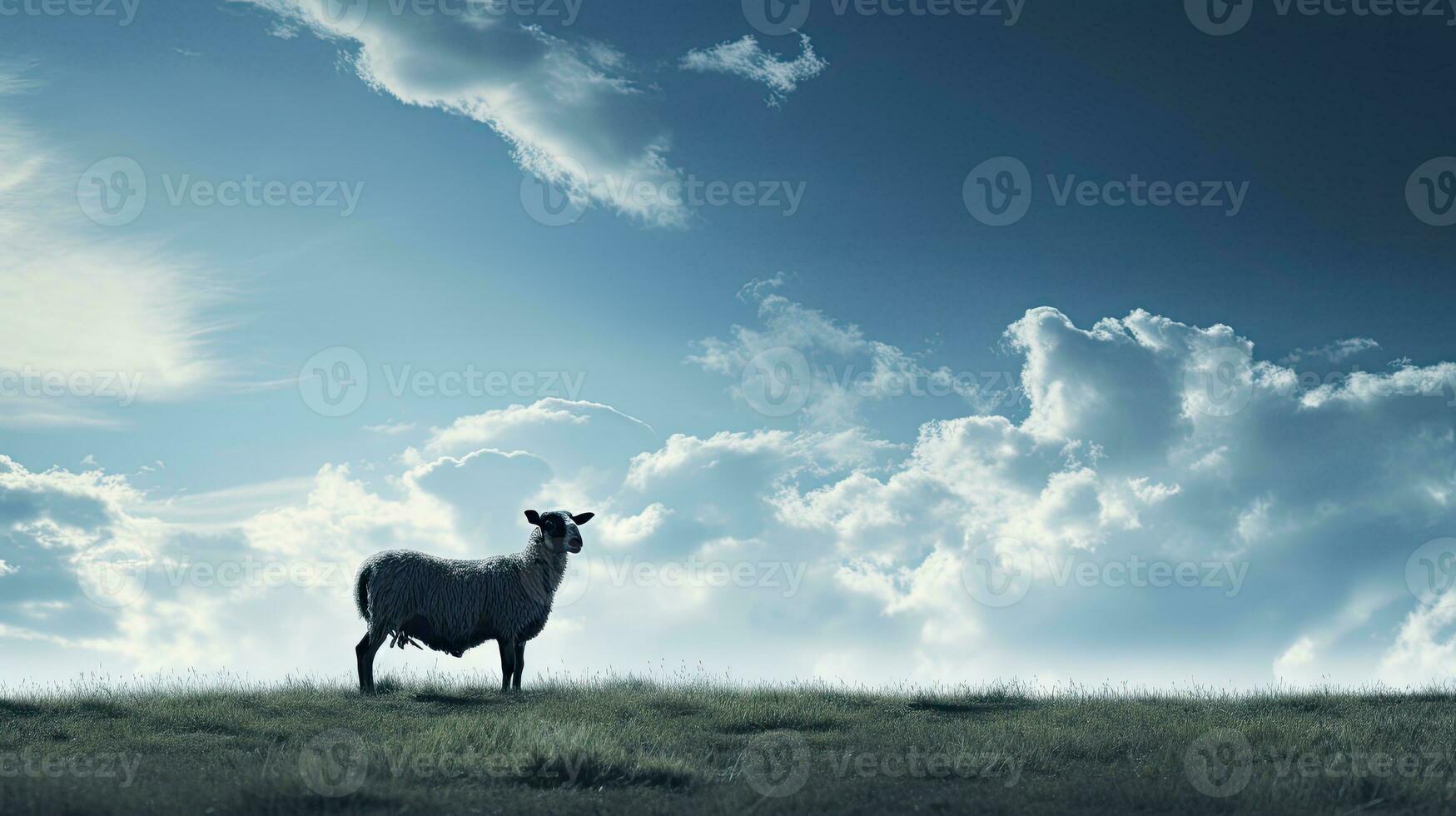 A solitary sheep silhouette against a partly cloudy sky with ample empty space photo