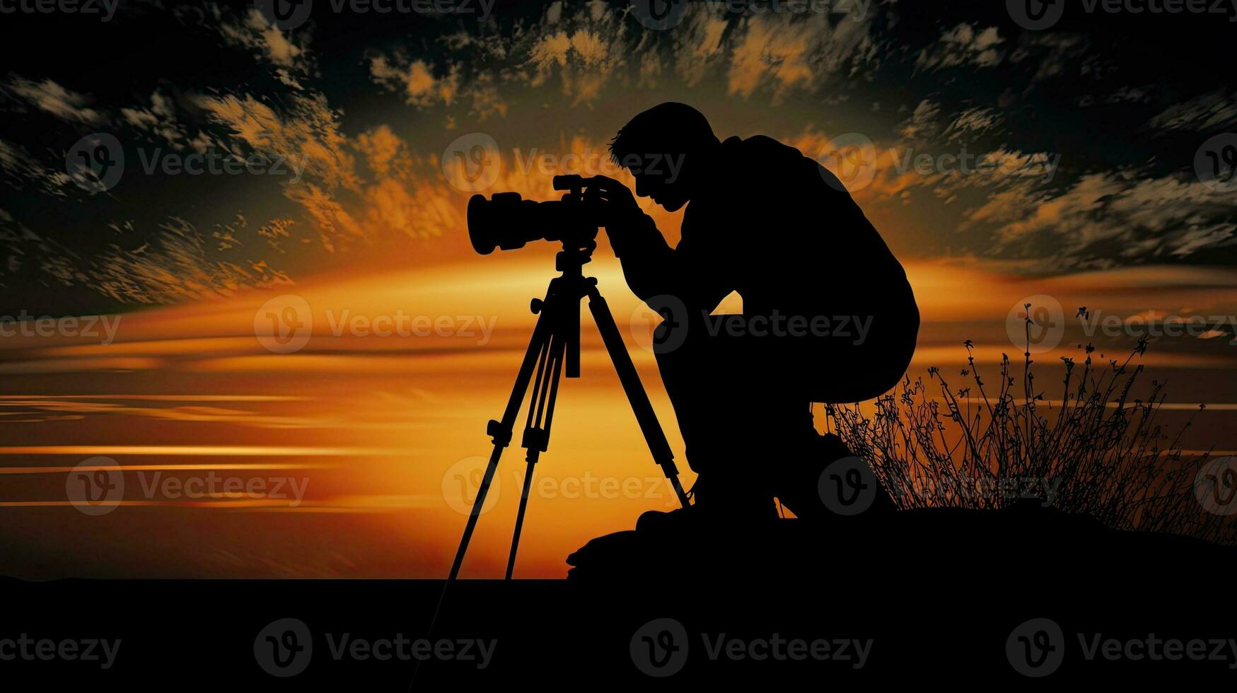 A photographer using a camera and tripod to capture silhouettes photo