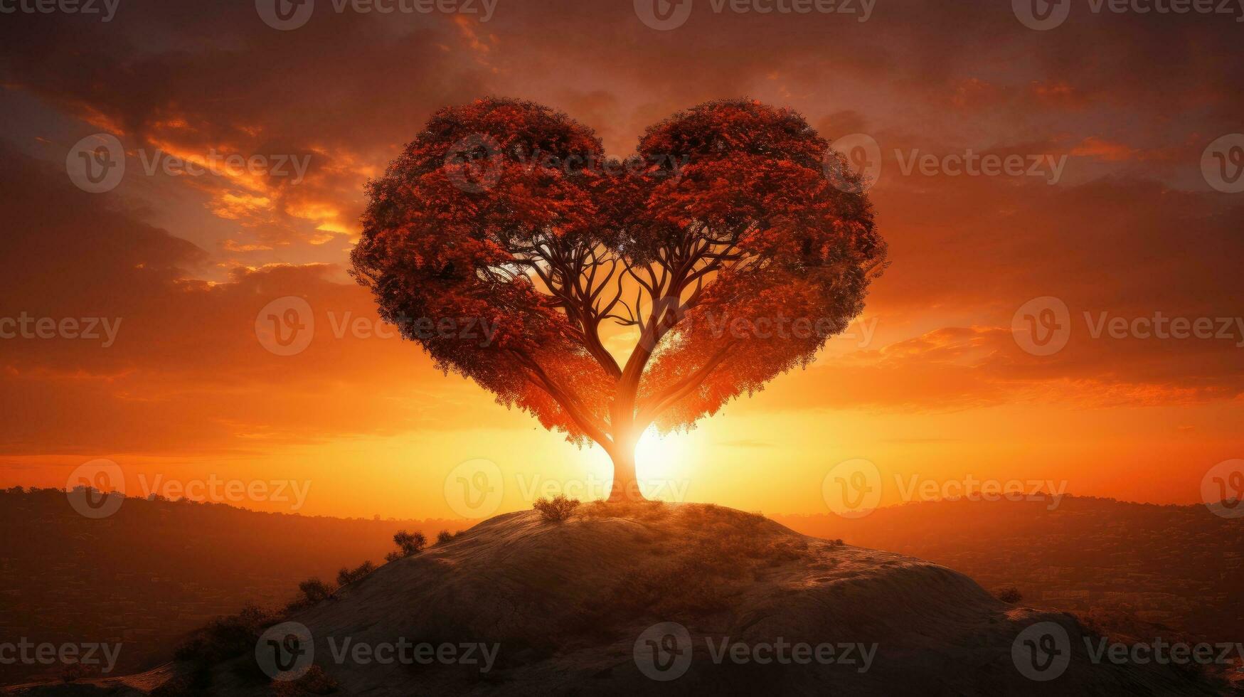 Tree silhouette atop sunlit mound heart shaped symbolizing love photo