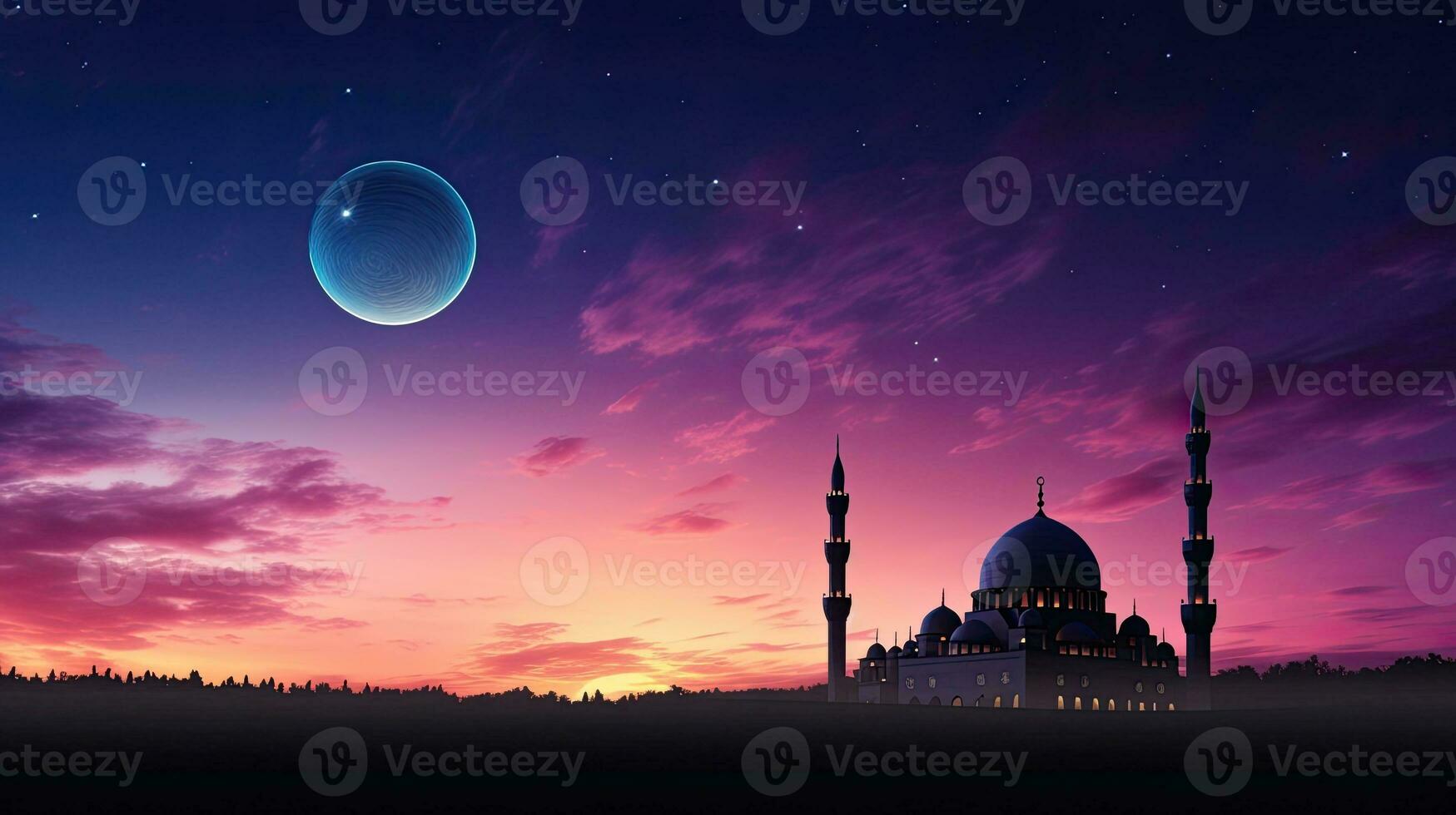 Mosques at twilight with crescent moon representing Islam s holy occasions photo