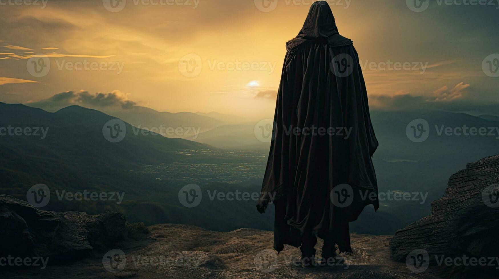 Silhouette of a medieval traveler standing on a mountain wearing a hooded cloak photo