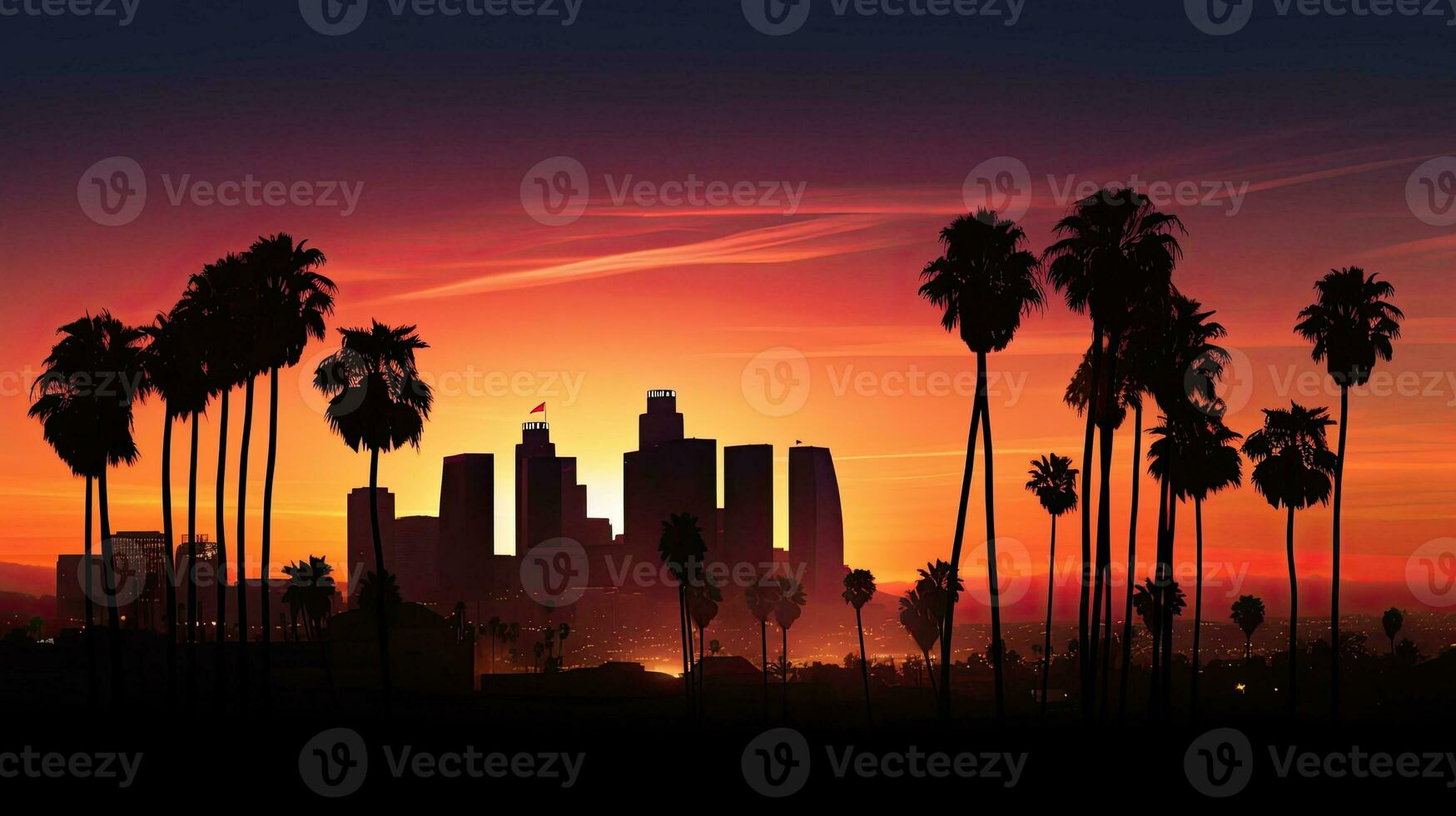 Sunset silhouette of Los Angeles downtown the renowned city of California photo