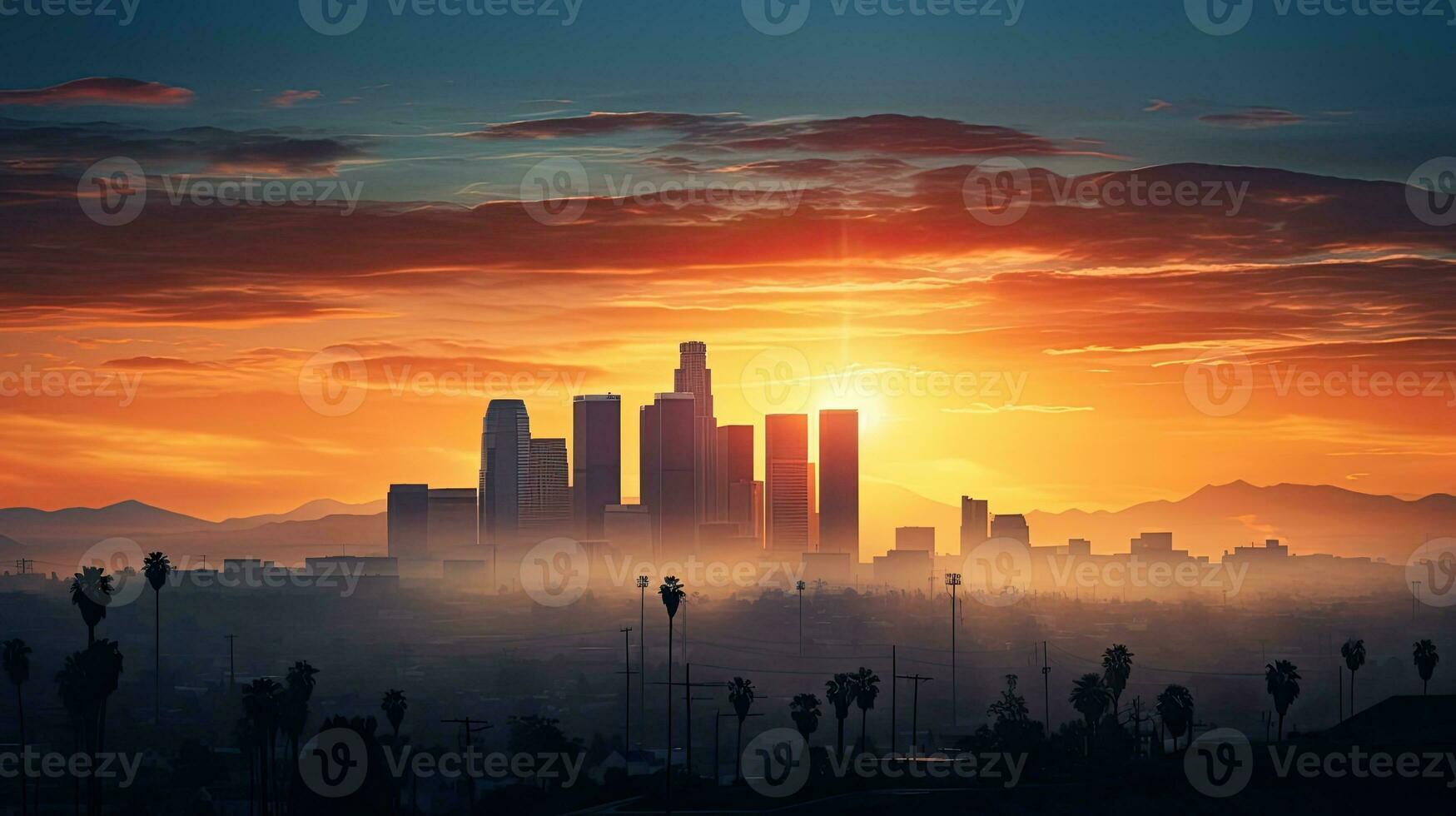 Sunrise silhouette of downtown LA buildings photo