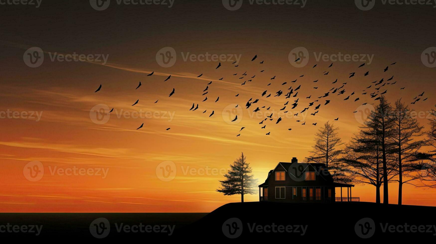 Trees and home outline with birds in sunset sky creating a peaceful nature atmosphere photo