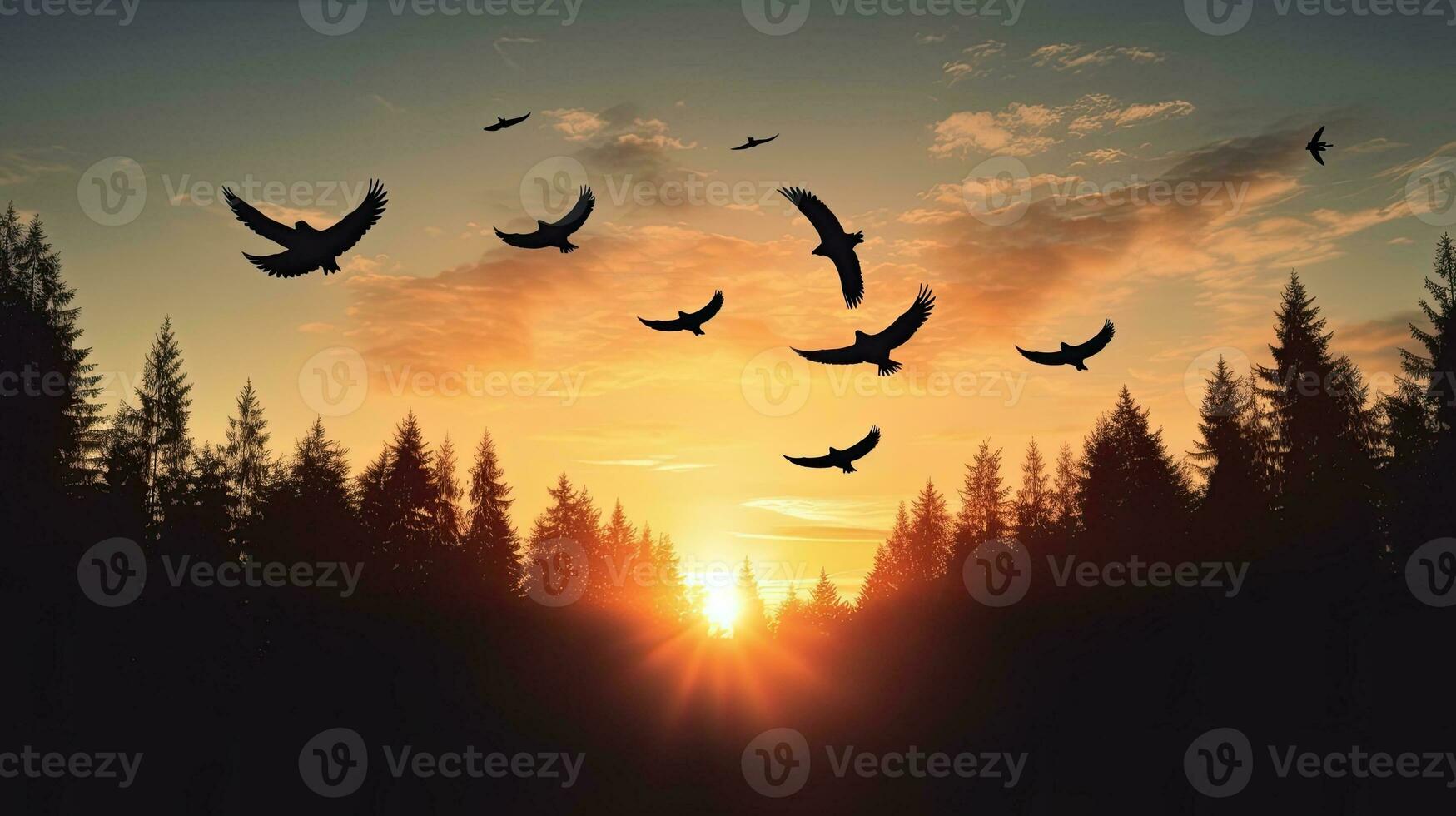 Birds flying over a forest during sunset s silhouette photo
