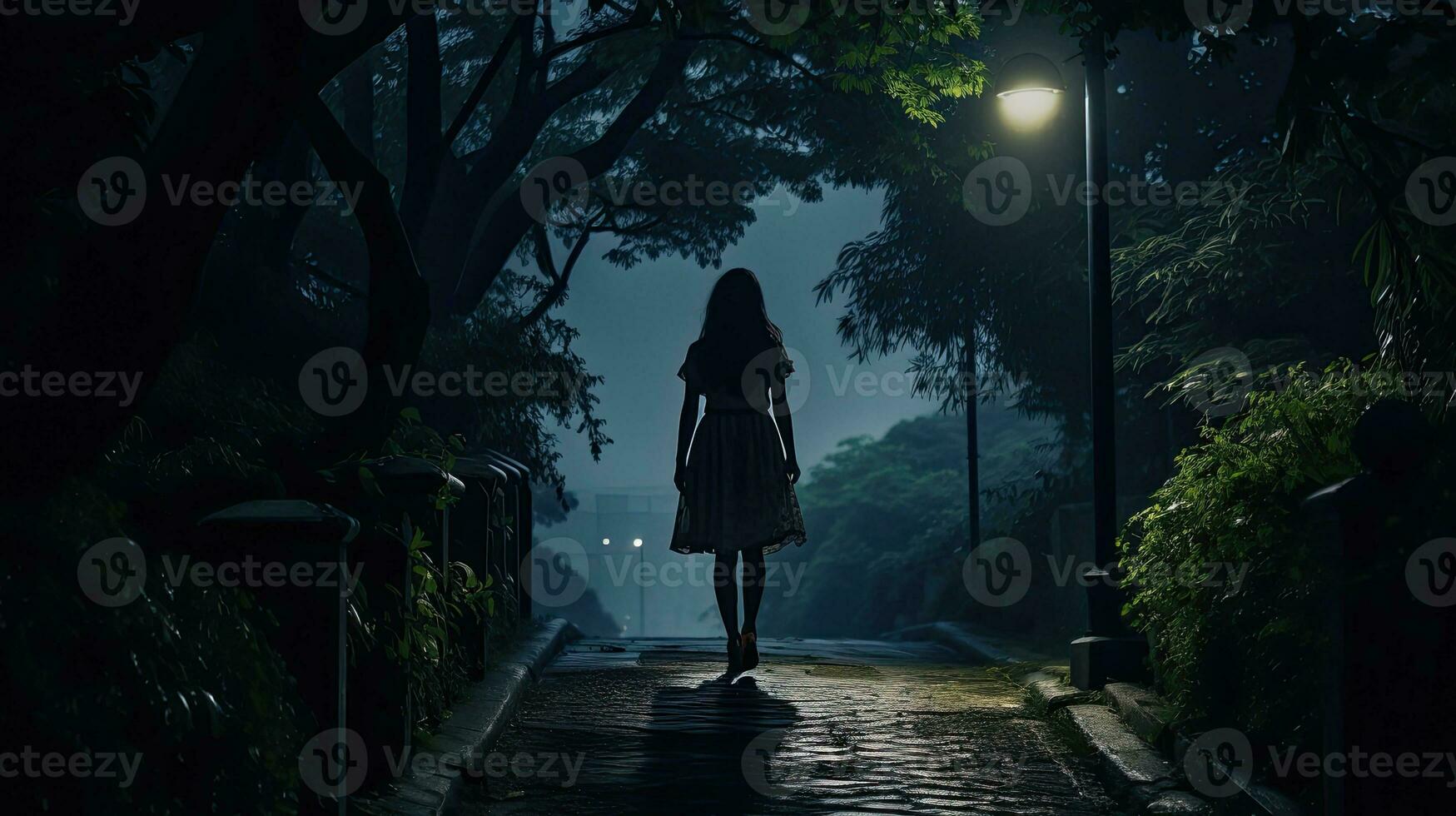A single young woman walking home in a dark park at night feeling scared and surrounded by a gloomy atmosphere as seen from behind photo