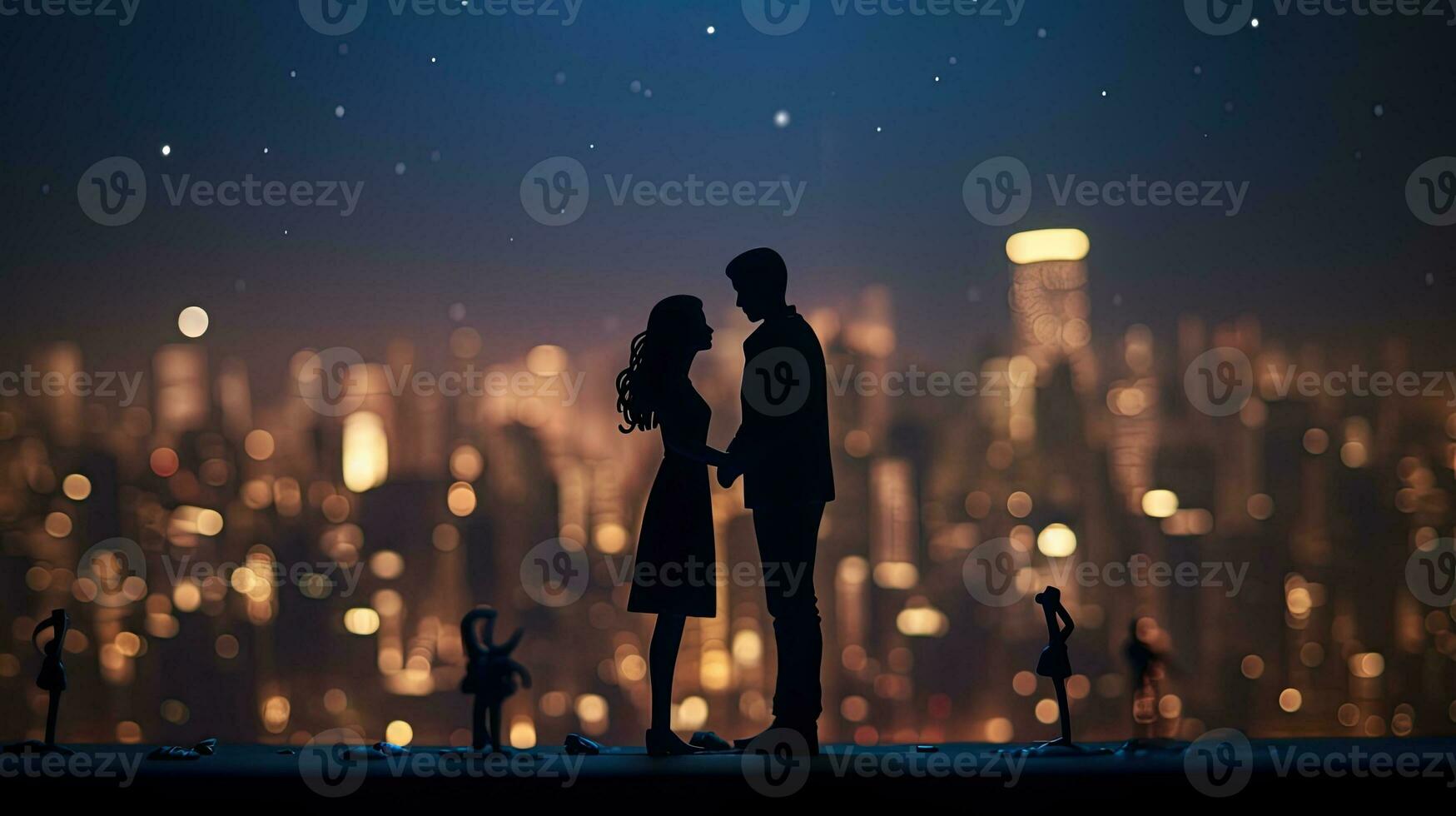 Romantic silhouettes in front of a nighttime cityscape featuring miniatures of realistic buildings with lights in a cartoon style photo