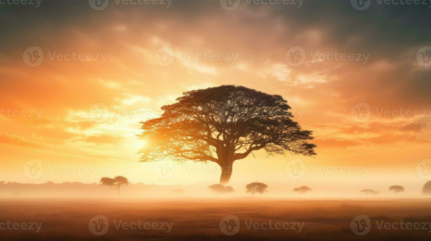 Gorgeous dawn behind tall trees in spring with mist Silhouette of large tree with sun shining Savanna field in Africa during springtime Blurred background photo