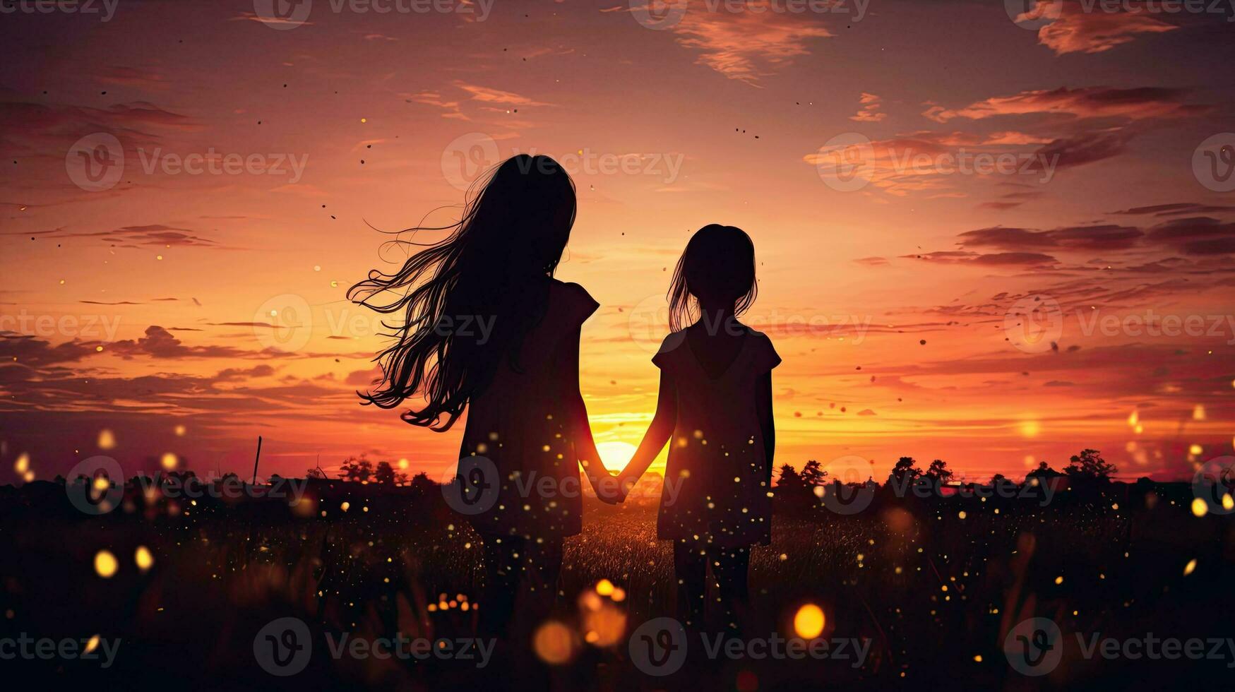 Two young sisters in front of a stunning sunset sky s silhouette photo